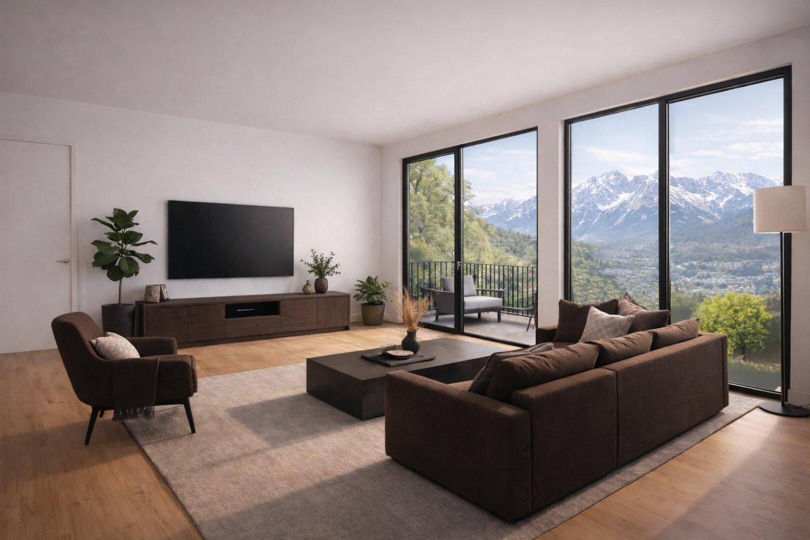 Elegantes Wohnzimmer mit dunklen Möbeln, großen Fenstern und Panoramablick auf die Berge.