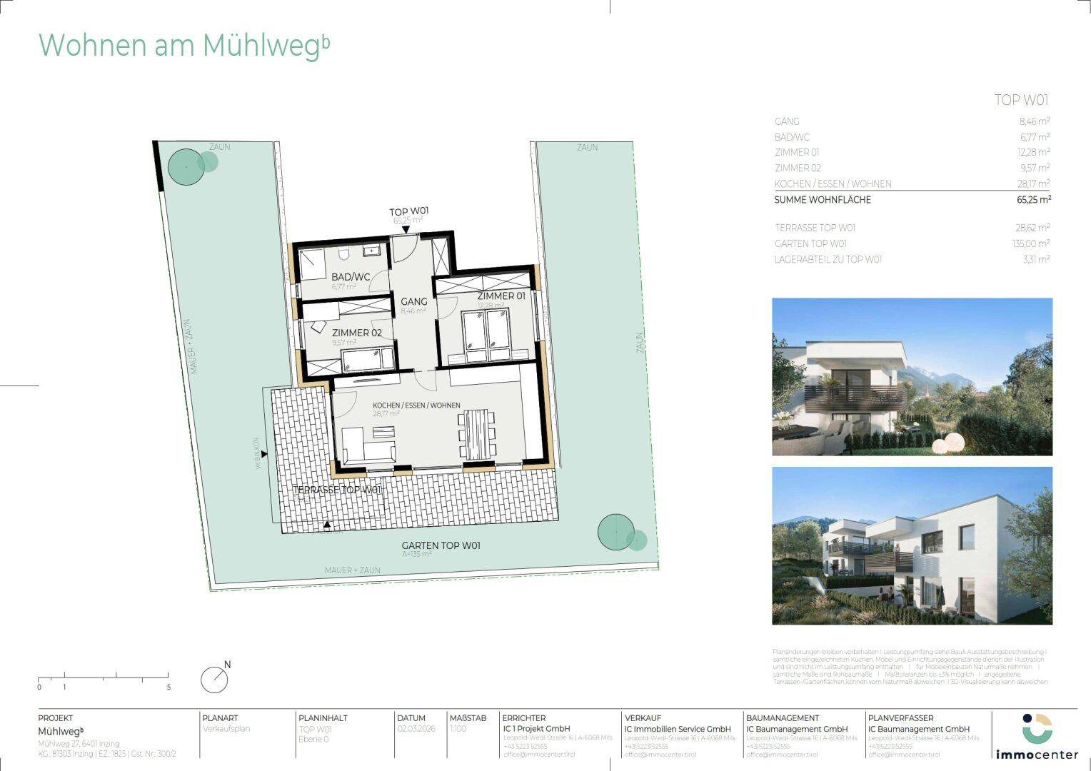 Grundriss einer Wohnung mit zwei Schlafzimmern, Bad und offener Wohnküche.
