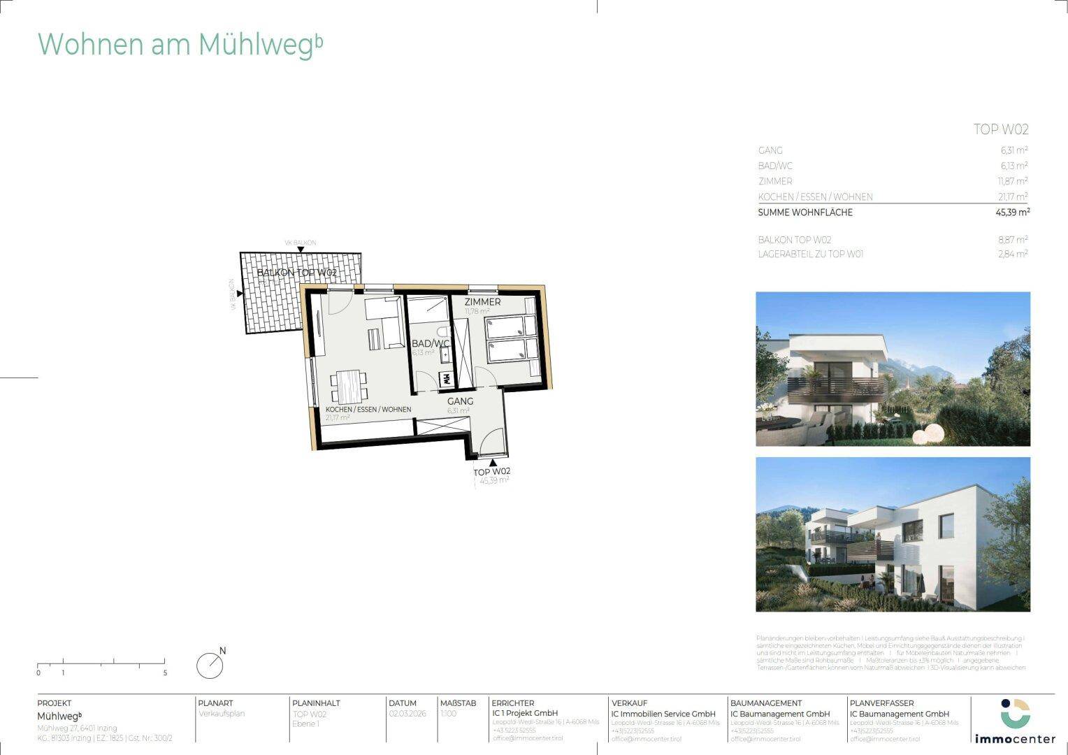 Grundriss einer Wohnung mit Balkon und separatem Schlafzimmer, ergänzt durch kleine Außenansichten.