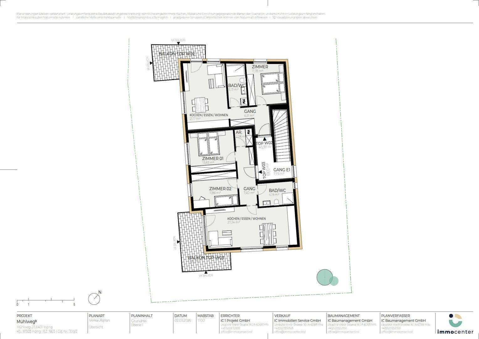 Detaillierter Grundriss einer Wohnung mit zwei Schlafzimmern, zwei Bädern und Balkonzugang.