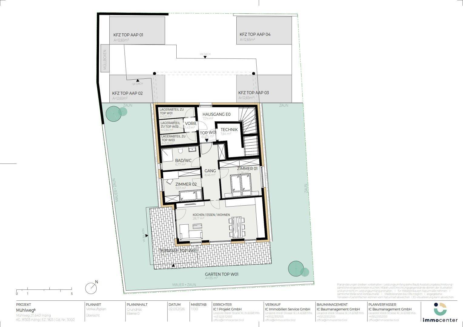 Grundriss einer Erdgeschosswohnung mit zwei Schlafzimmern, Bad und separatem WC.