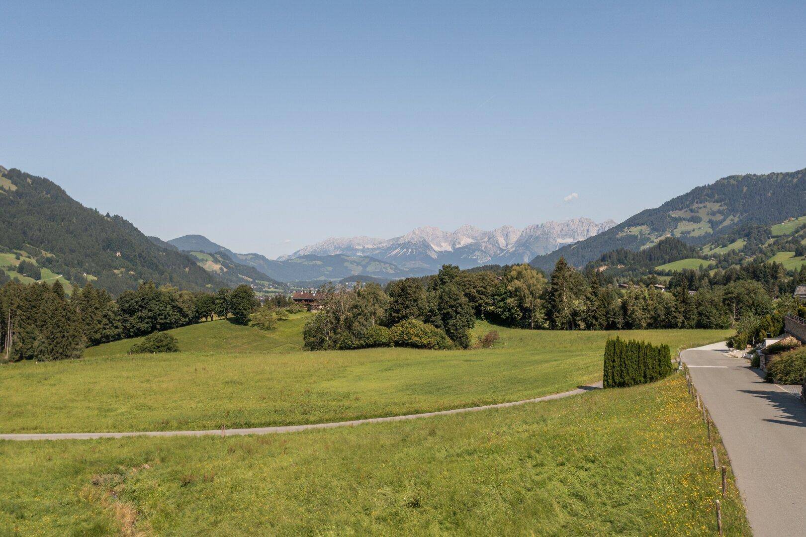 Panoramablick über eine weite grüne Talandschaft mit Wäldern und majestätischen Bergen am Horizont.