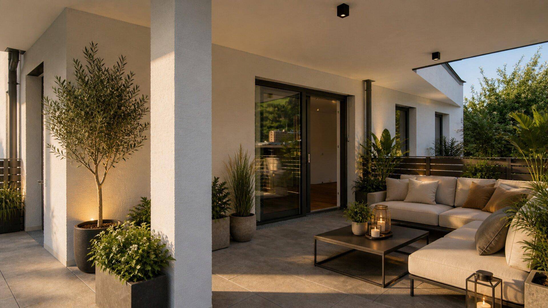 Geräumige Terrasse mit modernen Loungemöbeln und Pflanzen in Töpfen.