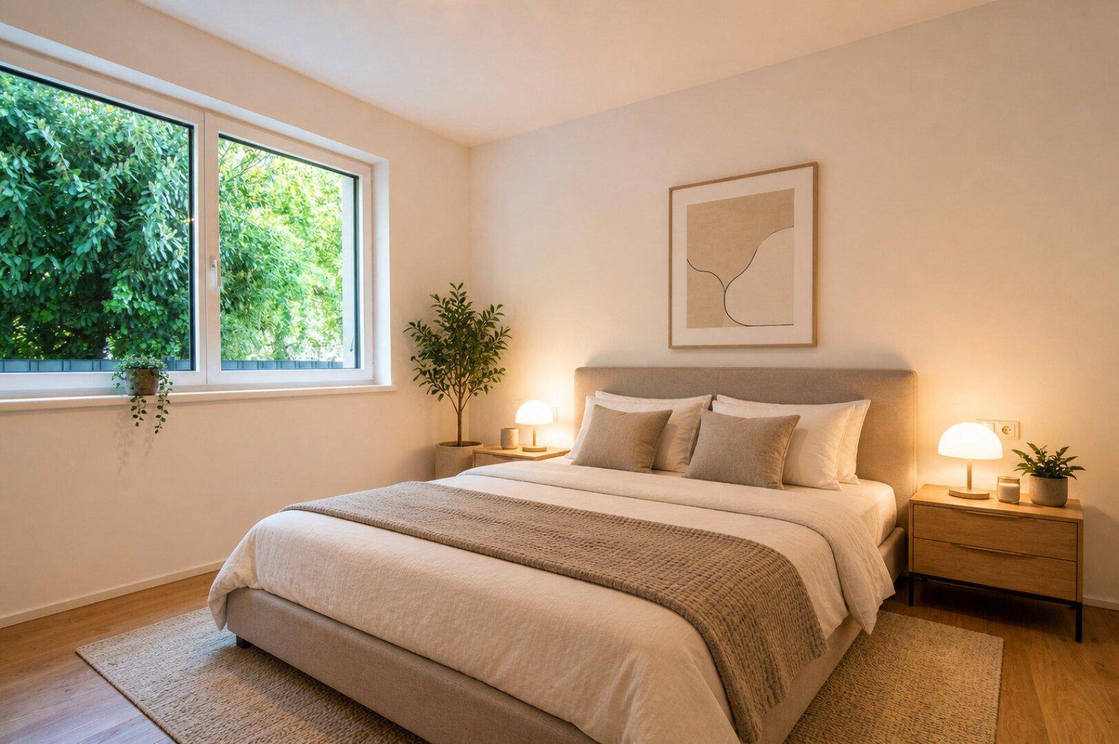 Helles Schlafzimmer mit Doppelbett, Nachttischen und großem Fenster mit Grünblick.