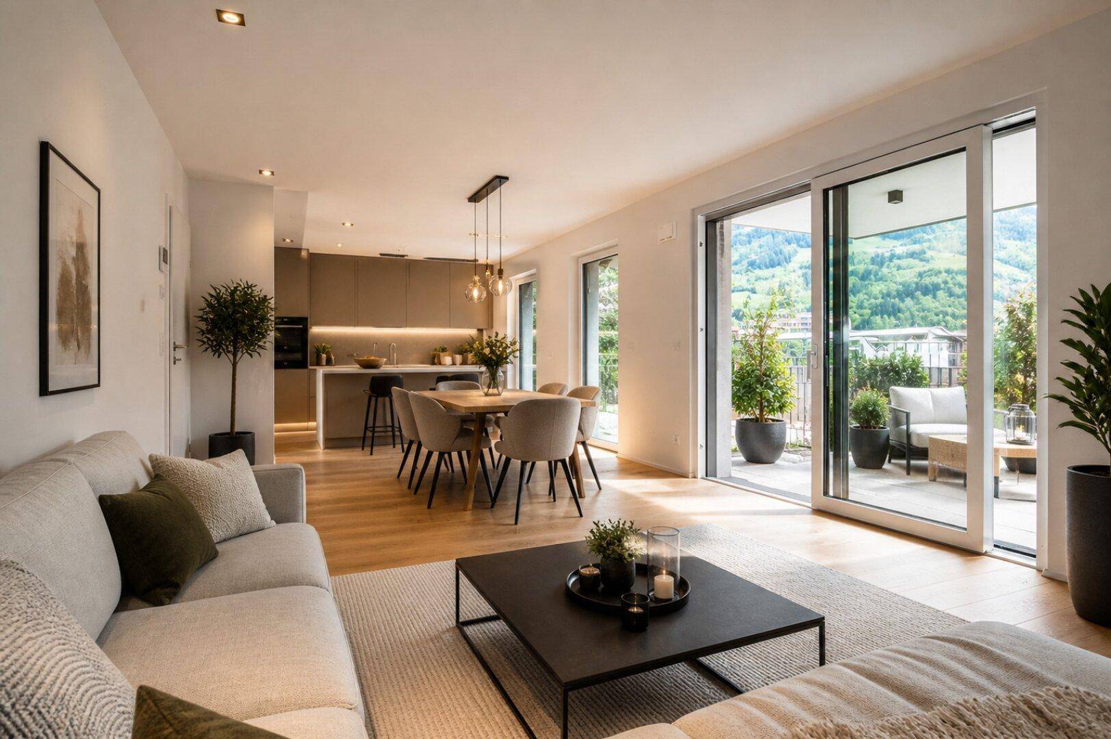 Heller offener Wohn-Essbereich mit moderner Küche und Zugang zur Terrasse mit Bergblick.
