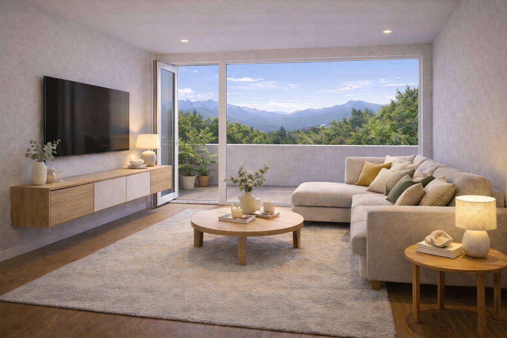 Helles Wohnzimmer mit großem Sofa, Holzboden und weitem Bergblick von der Loggia.