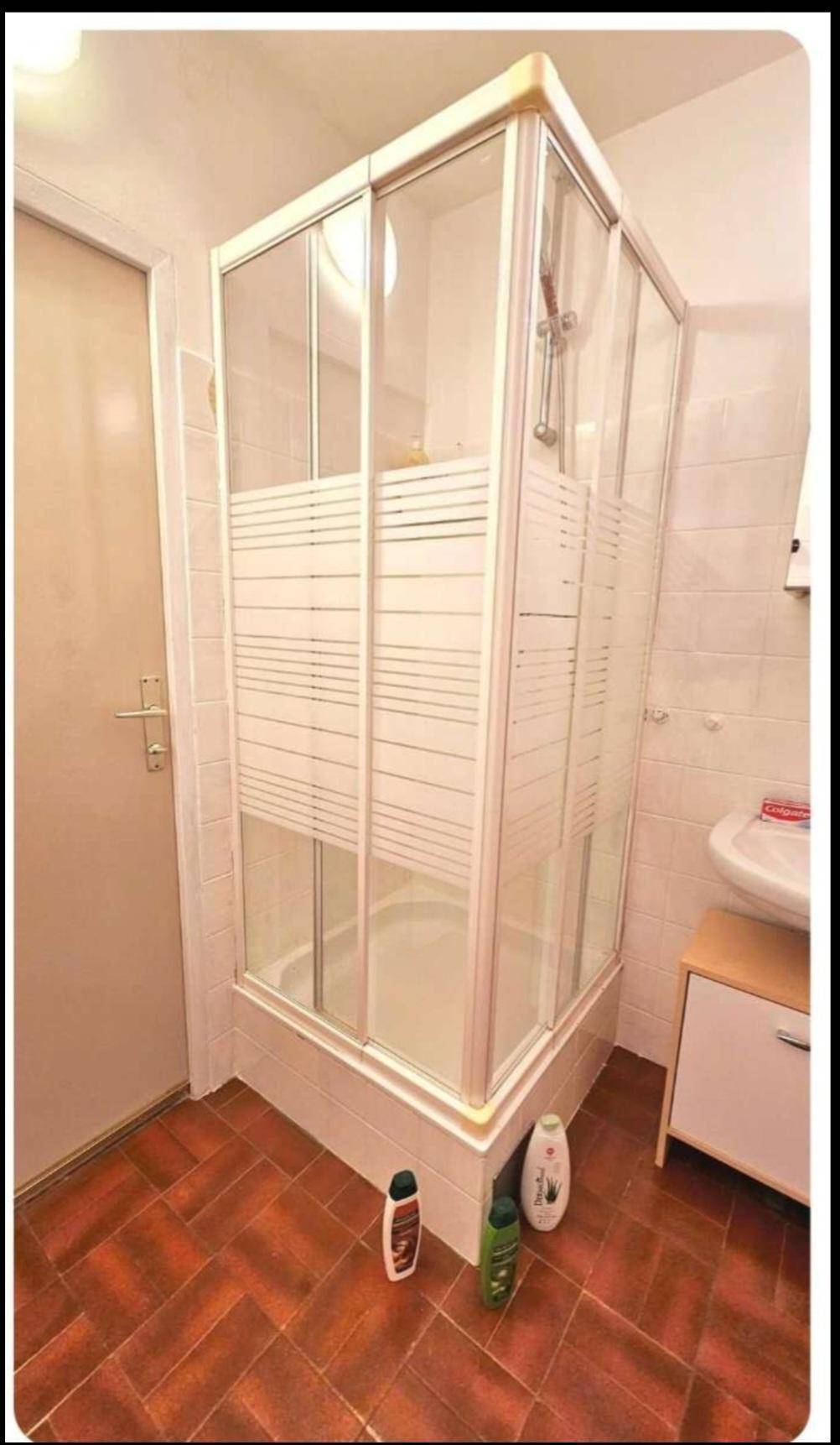 Funktionales Badezimmer mit Duschkabine, Waschbecken und Terrakotta-Fliesenboden.