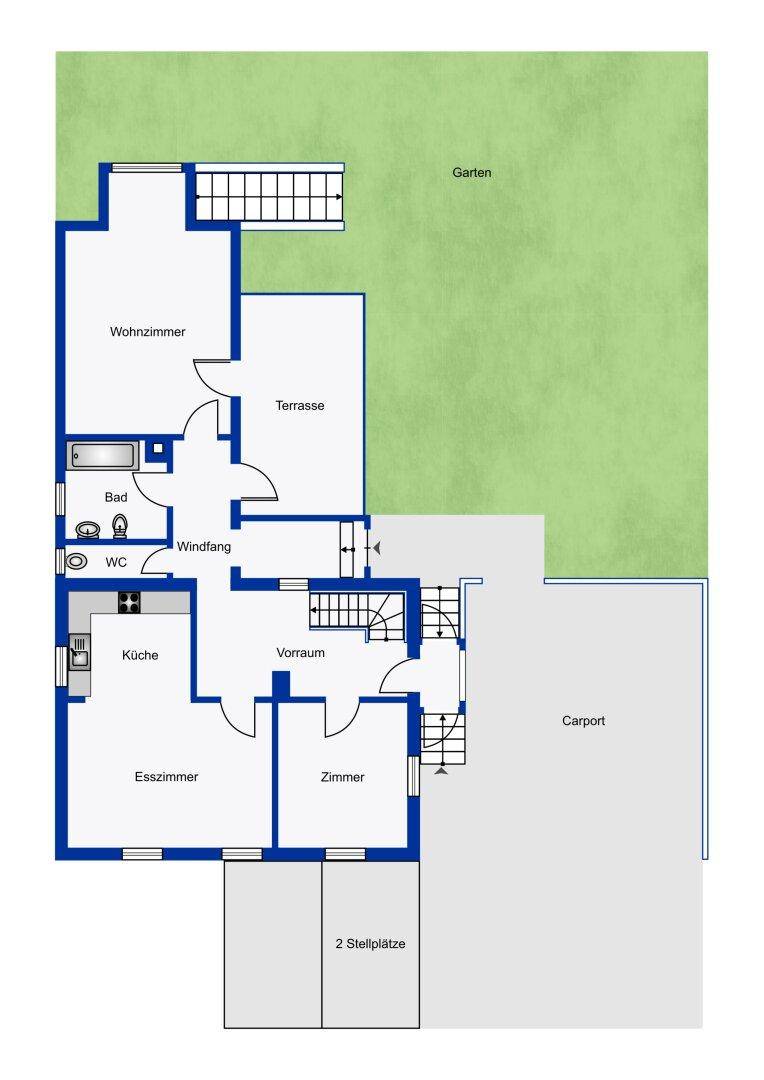 Grundriss des Erdgeschosses mit Wohnzimmer, Küche, Esszimmer und Terrasse.