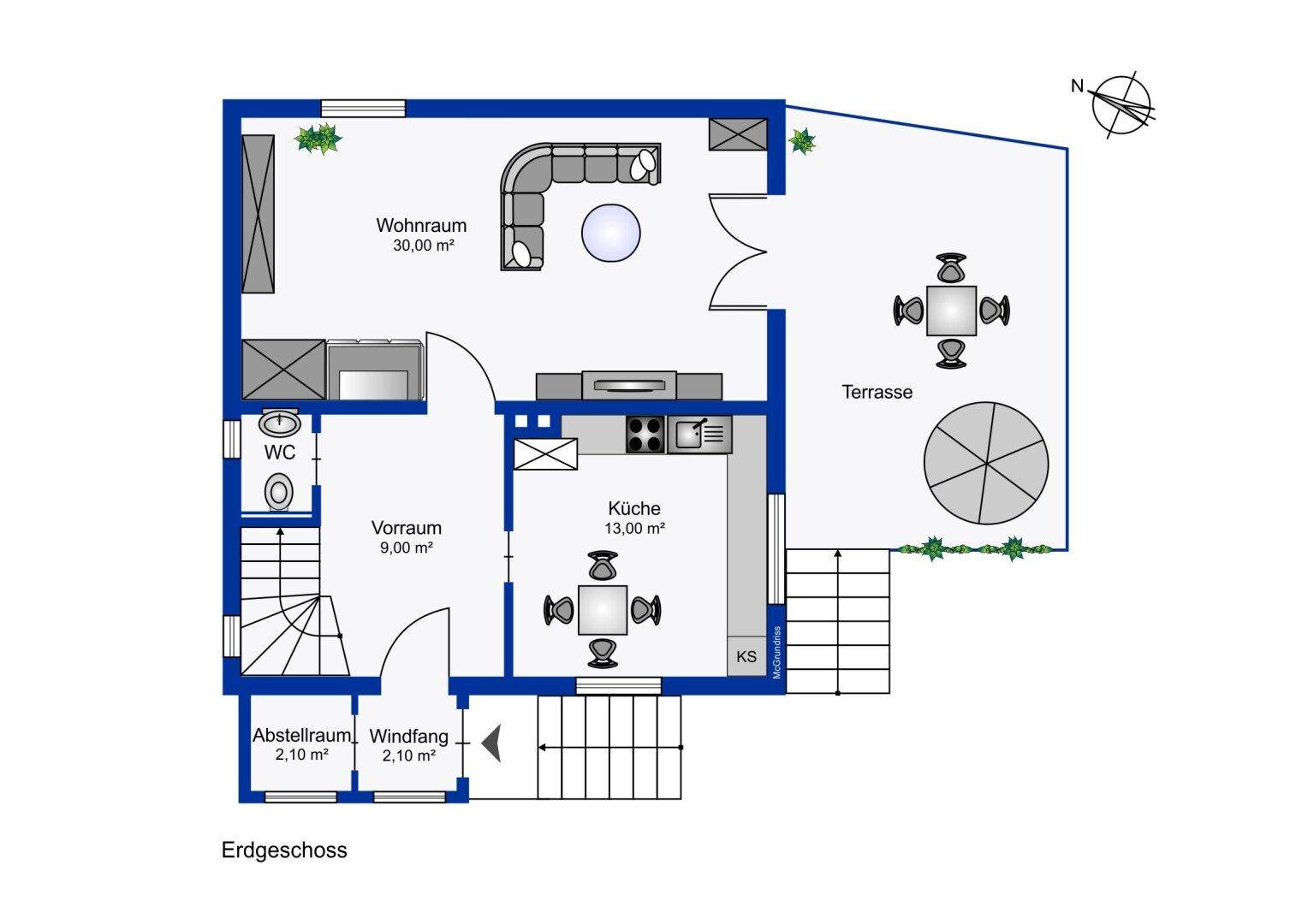 Grundriss des Erdgeschosses mit Wohnraum, Küche, WC und großer Terrasse.