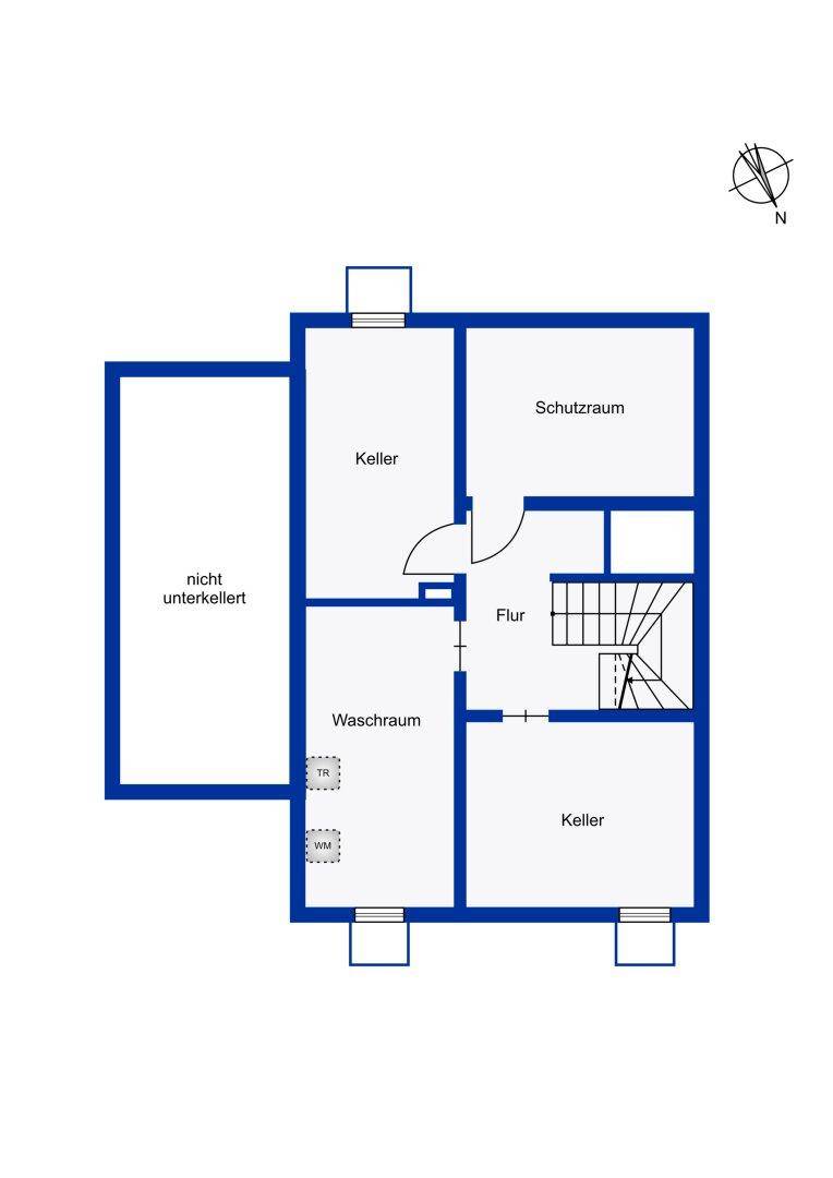 Grundriss des Kellergeschosses mit Schutzraum, Waschraum und weiteren Kellerräumen.
