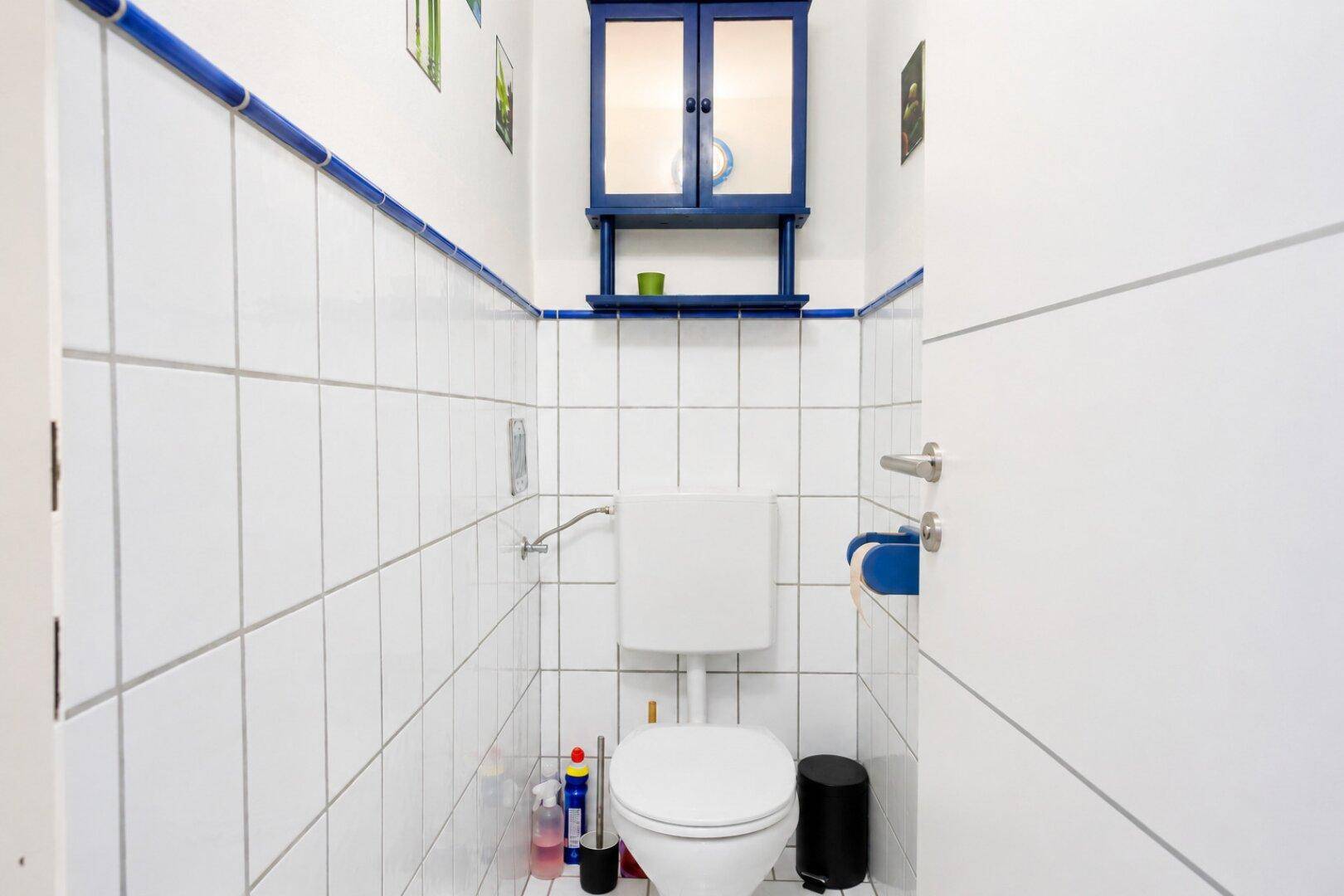 Kleines Gäste-WC mit weißen Fliesen, blauer Bordüre und Hängeschrank.