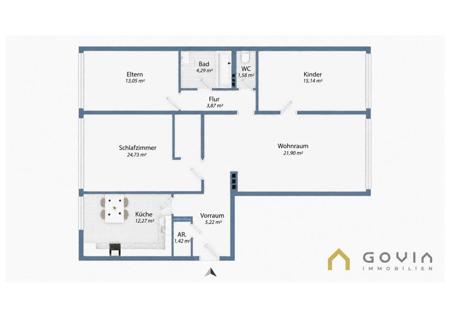 Grundriss einer Wohnung mit drei Schlafzimmern, Bad und separatem WC.