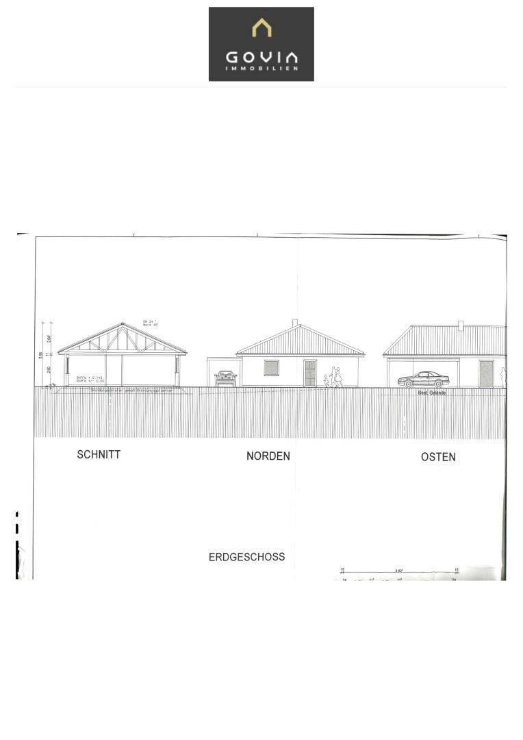 Schnittansicht und Ansichten des Gebäudes von Norden und Osten mit Dachdetails.