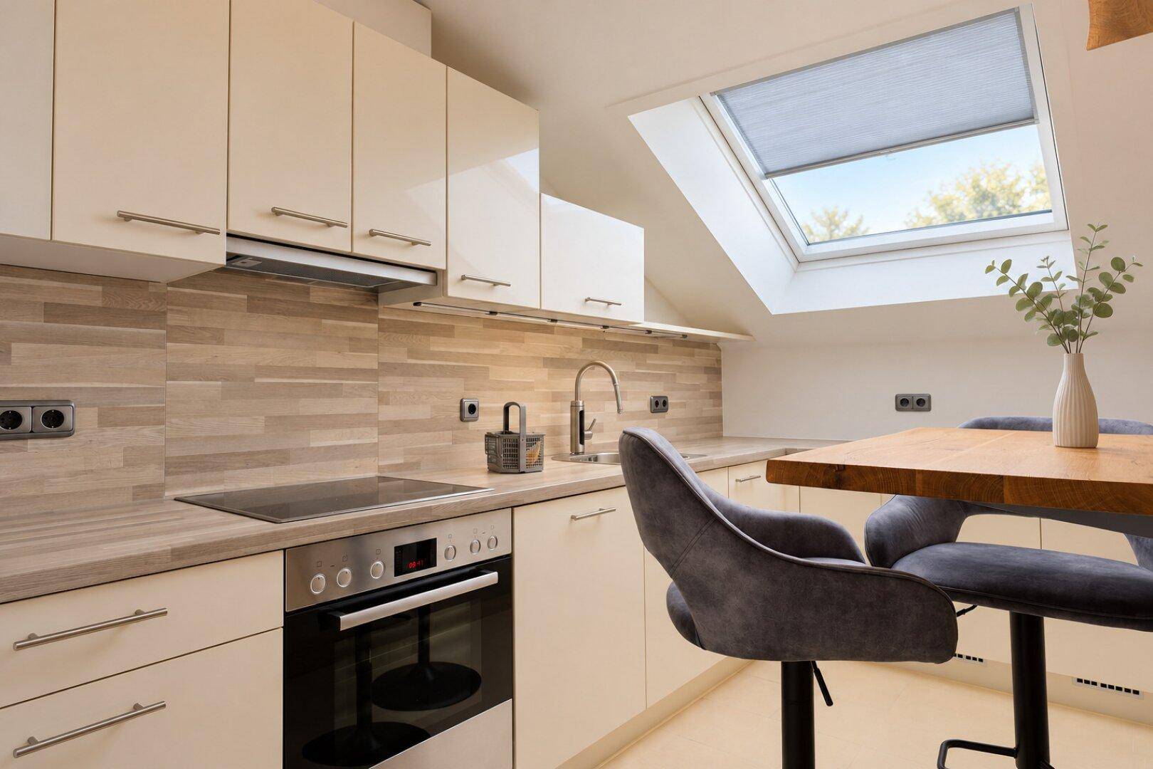 Moderne Einbauküche mit Dachfenster, hellen Schränken und integriertem Essbereich.