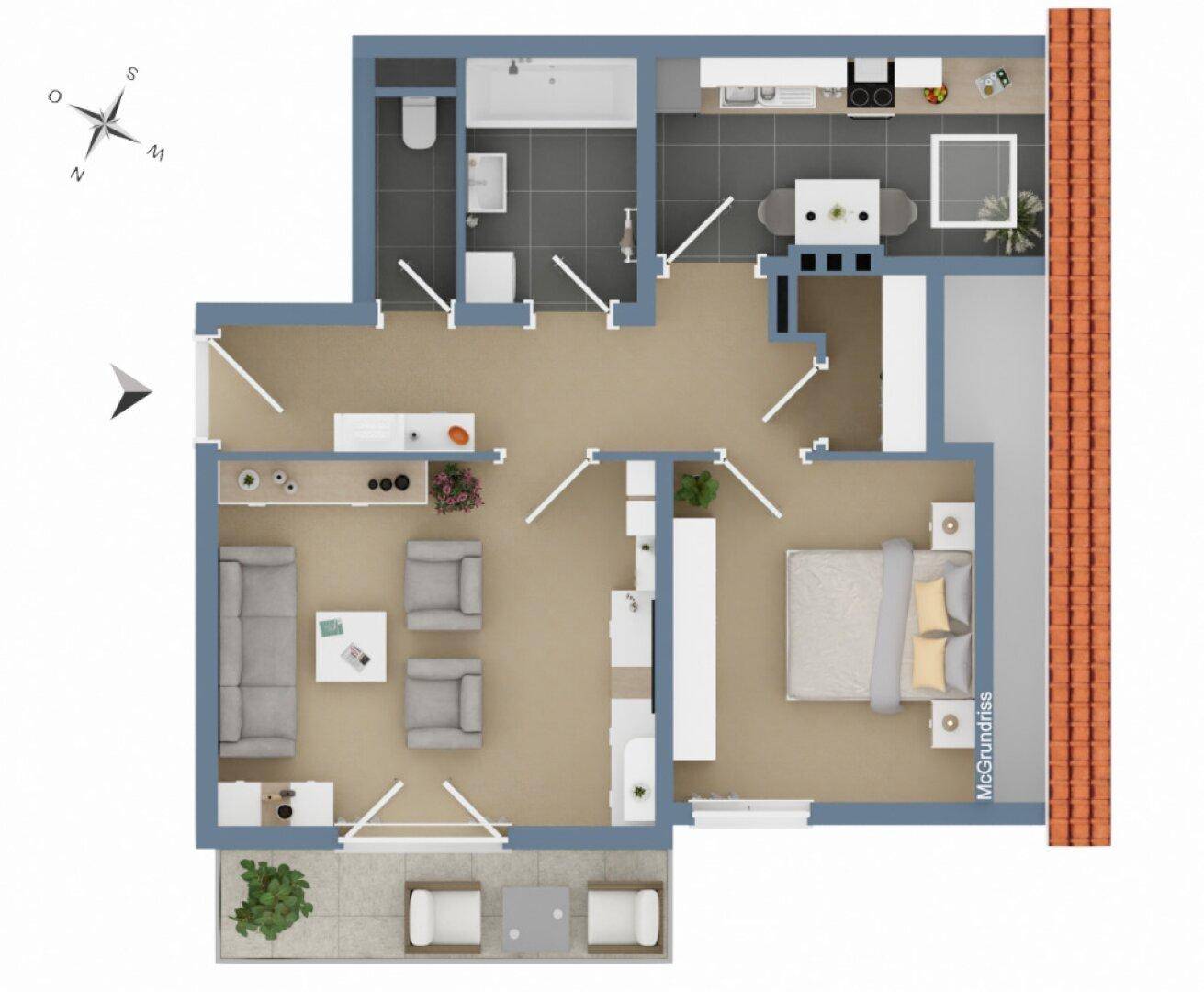Übersichtlich gestalteter Grundriss einer Wohnung mit Wohnbereich, Schlafzimmer, Küche und zwei Bädern.