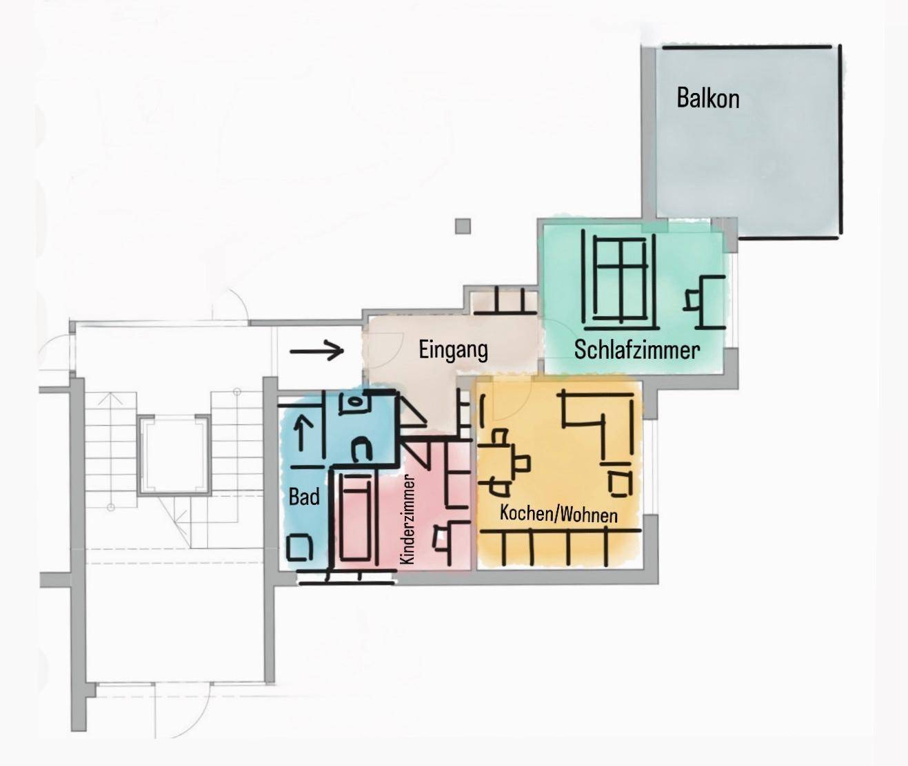 Grundriss der Wohnung mit Schlafzimmer, Kinderzimmer, Bad und Wohnküche.