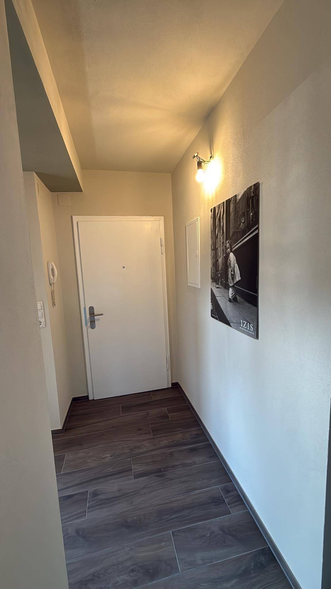 Heller Flur mit Holzboden und einer modernen Wanddekoration.