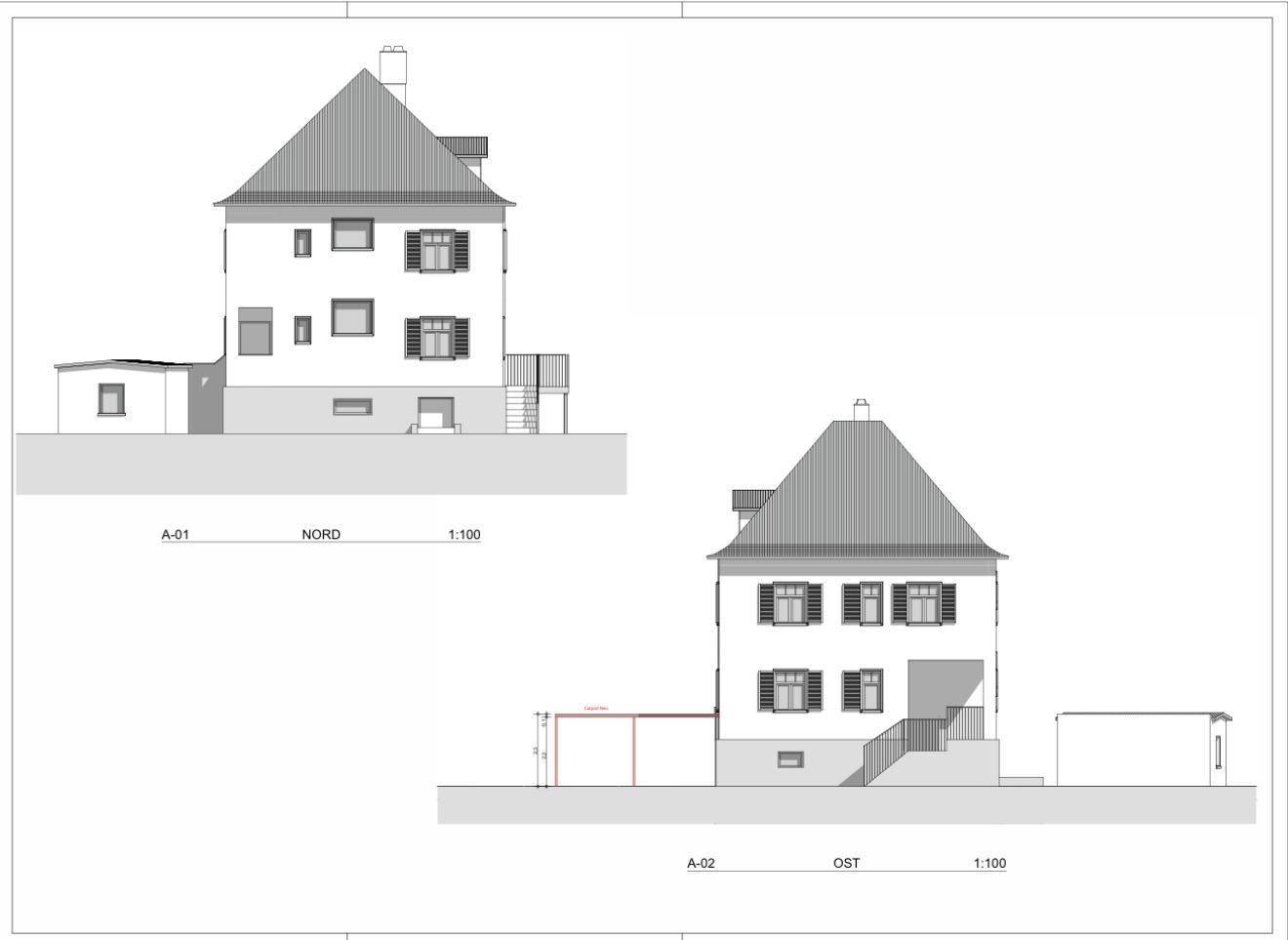 Architektonische Ansichten des Hauses von Norden und Osten mit Satteldach und Fensterläden.