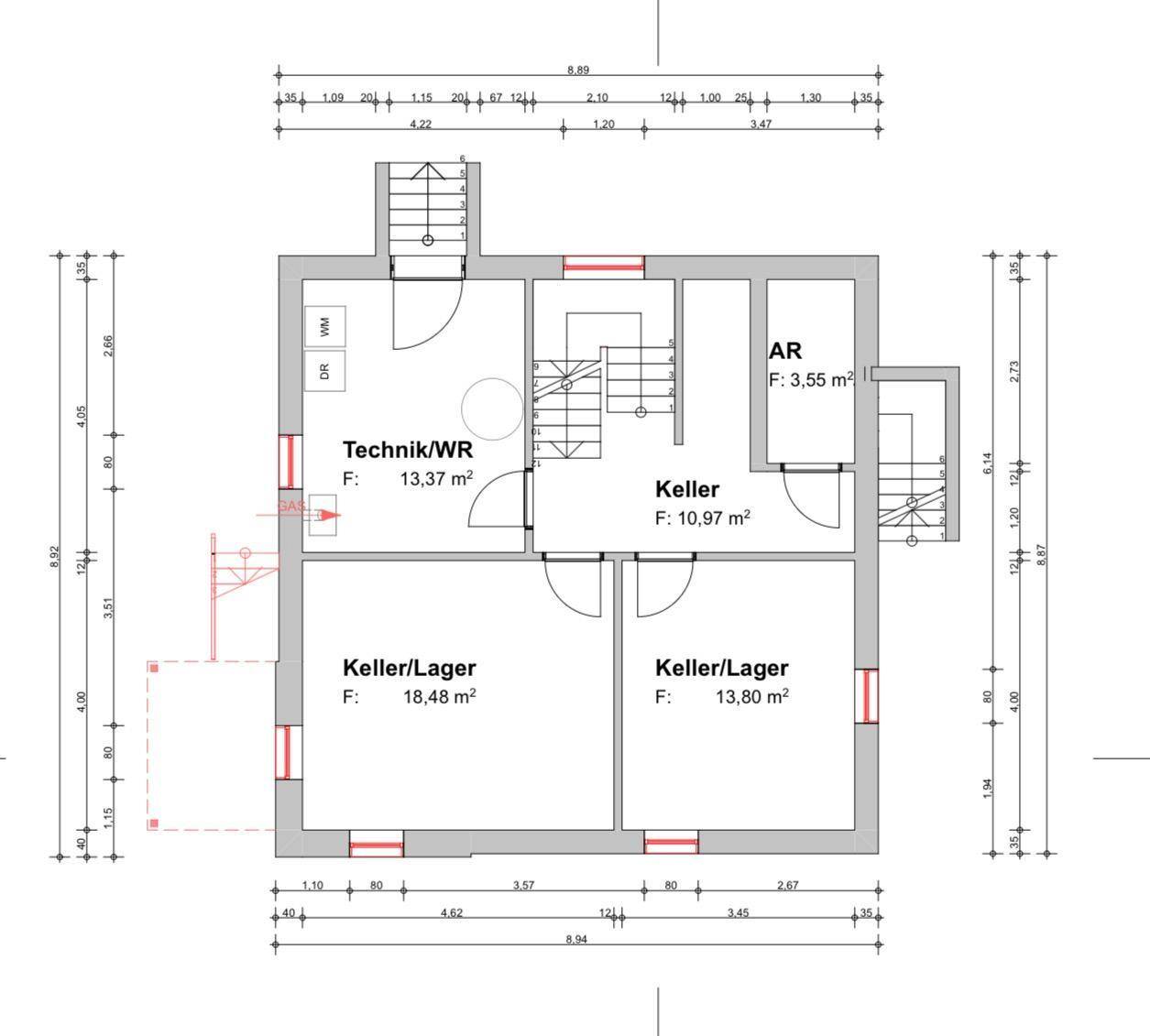 Grundriss des Kellers mit Technikraum und mehreren Lagerräumen.