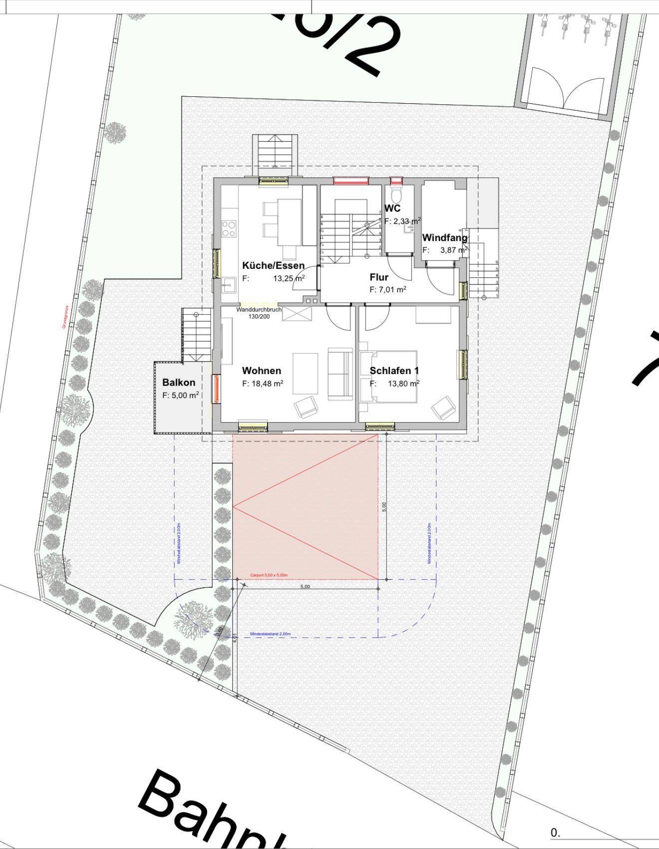 Grundriss des Erdgeschosses mit Küche, Wohnzimmer, Schlafzimmer und Balkon.