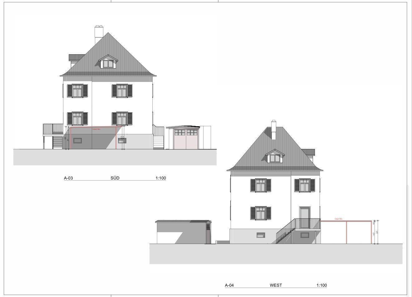 Architektonische Ansichten des Hauses von Süden und Westen mit Satteldach und Gaubenfenster.