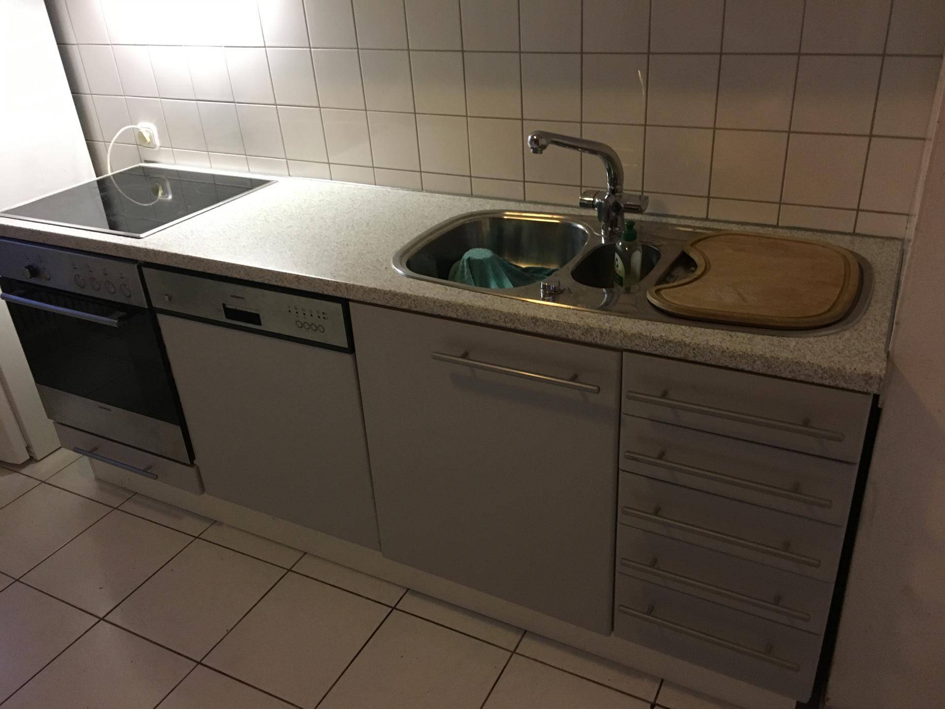 Kompakte Küchenzeile mit Spüle, Kochfeld, Backofen und Geschirrspüler in hellem Design.