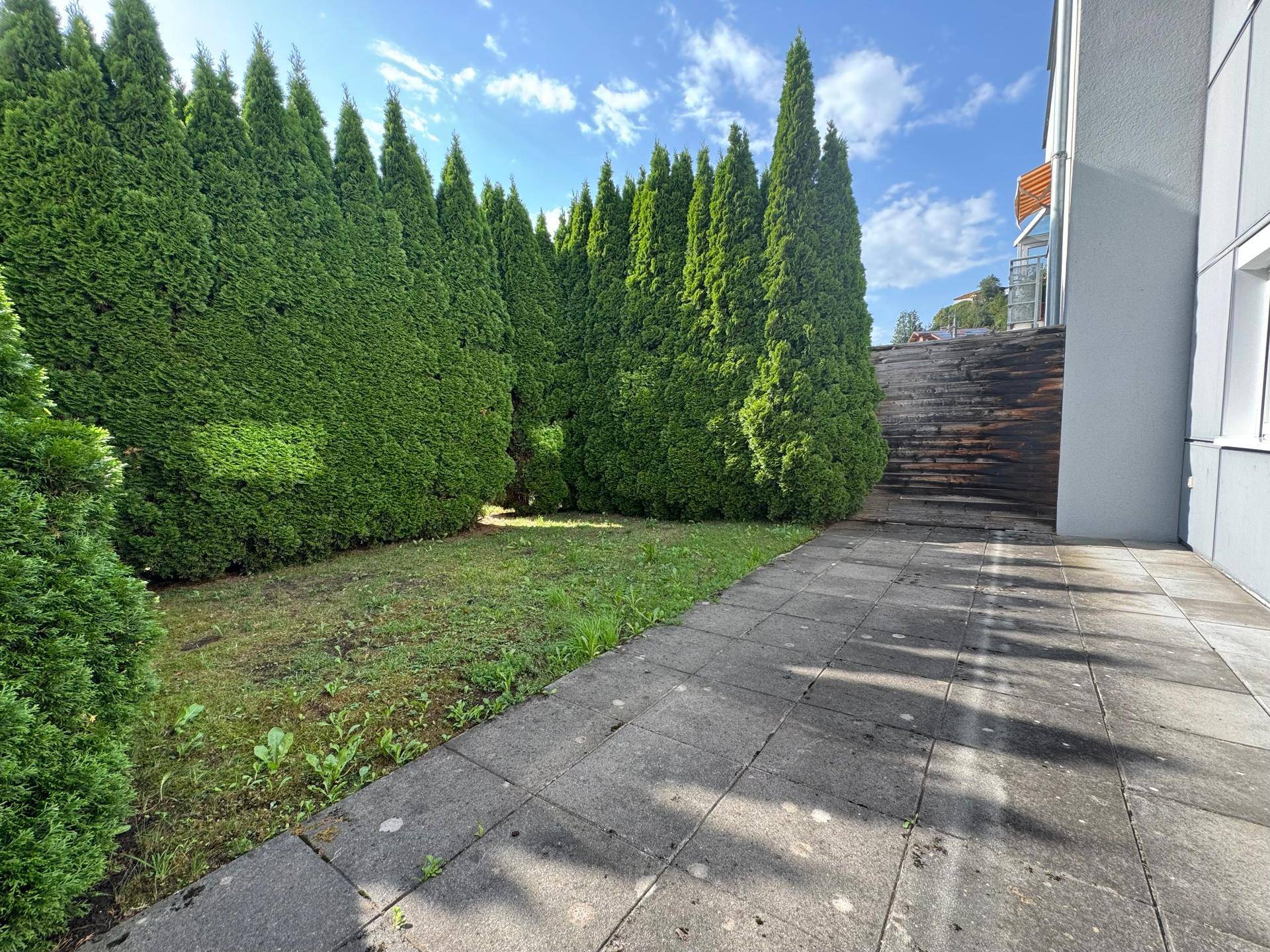 Gepflegter Gartenbereich mit Rasenfläche und hohen Hecken, ideal für Privatsphäre.