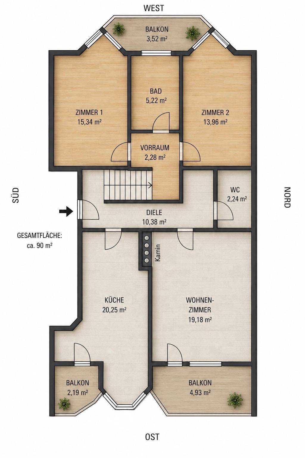 Grundriss einer Wohnung mit drei Balkonen, zwei Schlafzimmern, einem Bad und separatem WC.