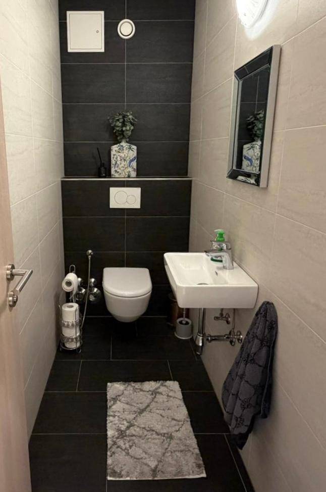 Modernes Gäste-WC mit wandhängender Toilette, kleinem Waschbecken und dunklen Fliesen.