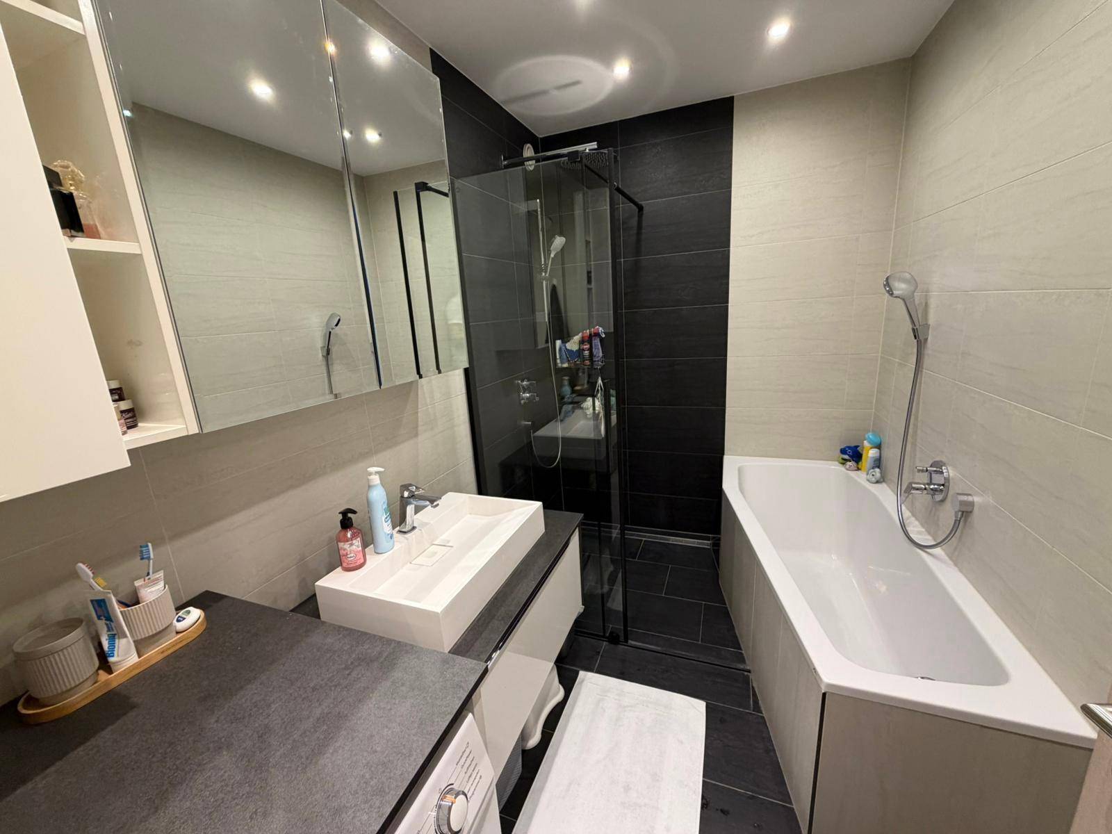 Modernes Badezimmer mit Badewanne, begehbarer Dusche und eleganten Fliesen.