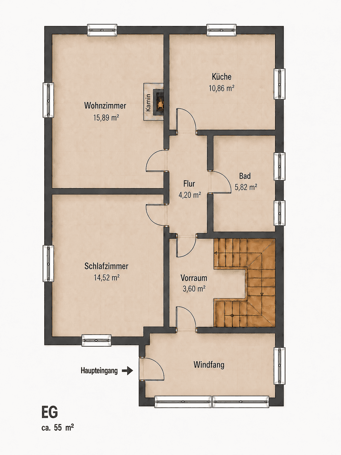 Grundriss des Erdgeschosses mit Windfang, Wohnzimmer, Küche und Schlafzimmer.