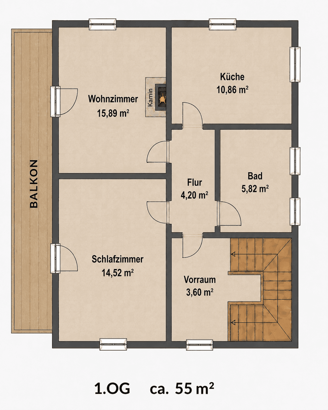 Grundriss des ersten Obergeschosses mit Wohnzimmer, Küche, Schlafzimmer und Balkon.