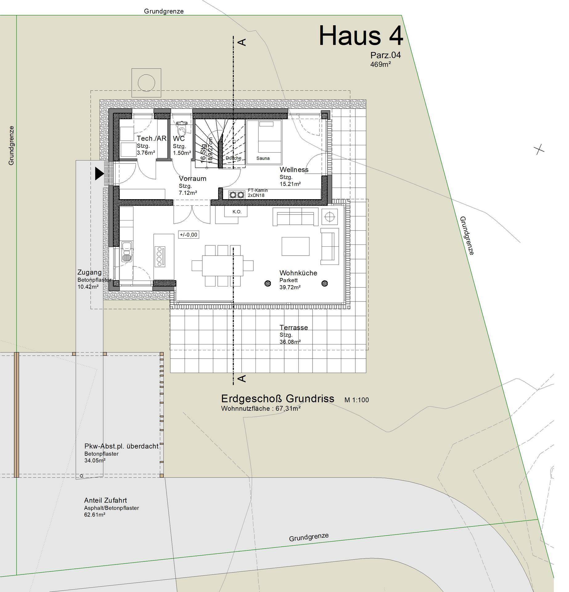 Grundriss des Erdgeschosses mit offener Wohnküche, Wellnessbereich und großer Terrasse.