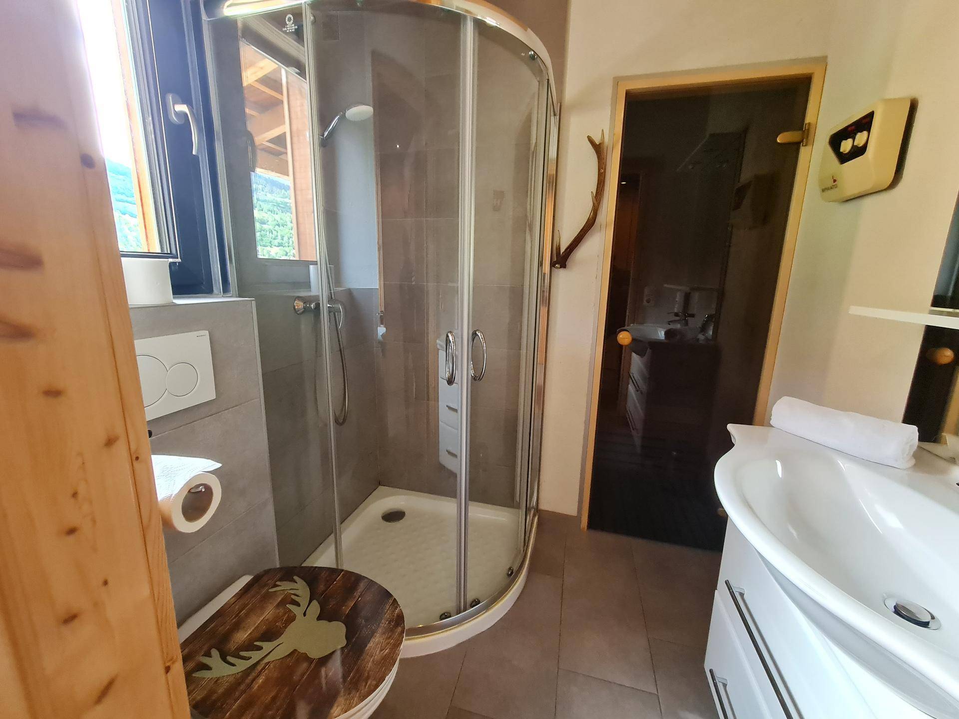 Badezimmer mit Duschkabine, Waschbecken und Blick auf die angrenzende Sauna.