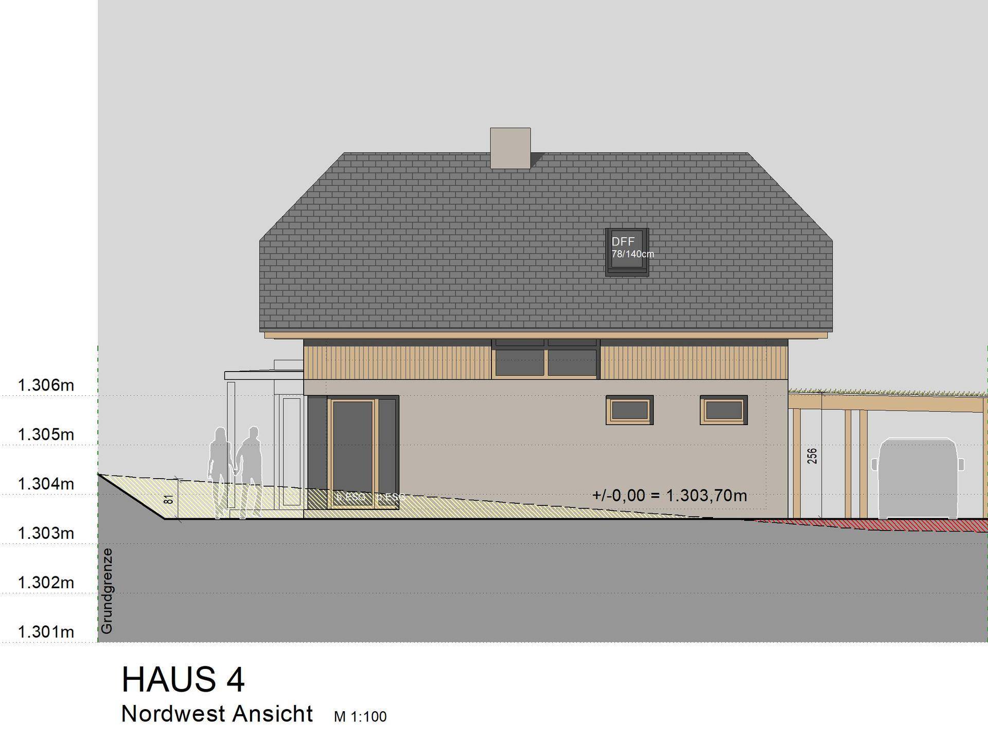 Nordwest-Ansicht des Hauses 4 mit moderner Architektur und großen Fensterflächen.