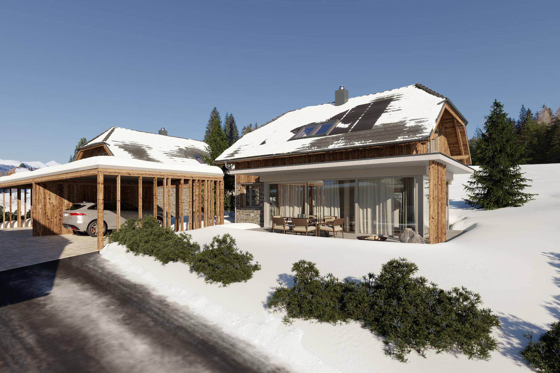 Zwei moderne Häuser in winterlicher Umgebung mit Carport und möblierter Terrasse.