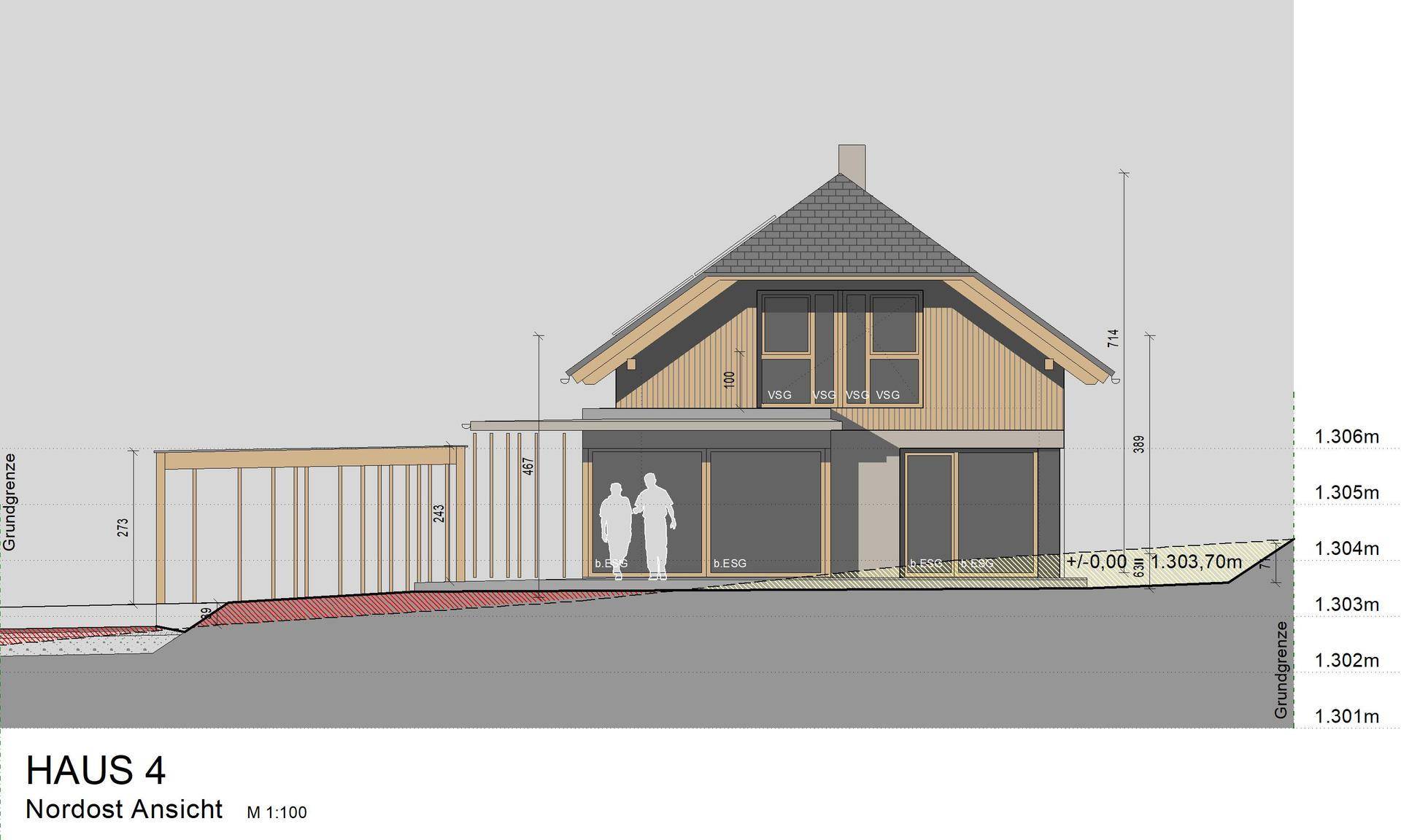 Nordost-Ansicht des Hauses 4 mit Holzfassade und Carport-Struktur.