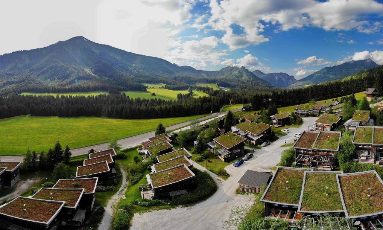 Weitläufige Ansicht einer Feriensiedlung mit Holzhäusern und grünen Dächern vor alpiner Kulisse.