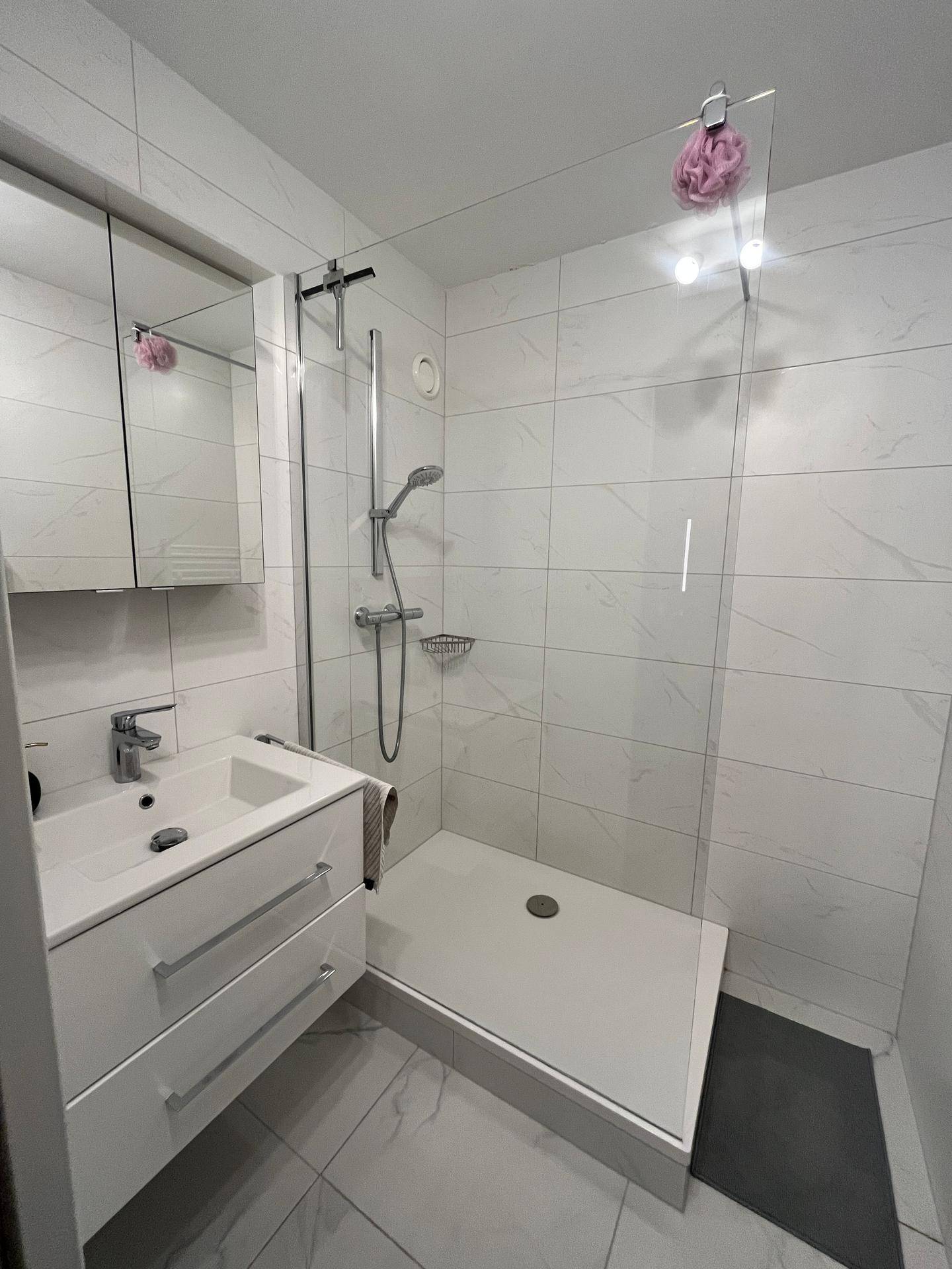 Modernes Badezimmer mit begehbarer Dusche, Waschbecken und Spiegelschrank.