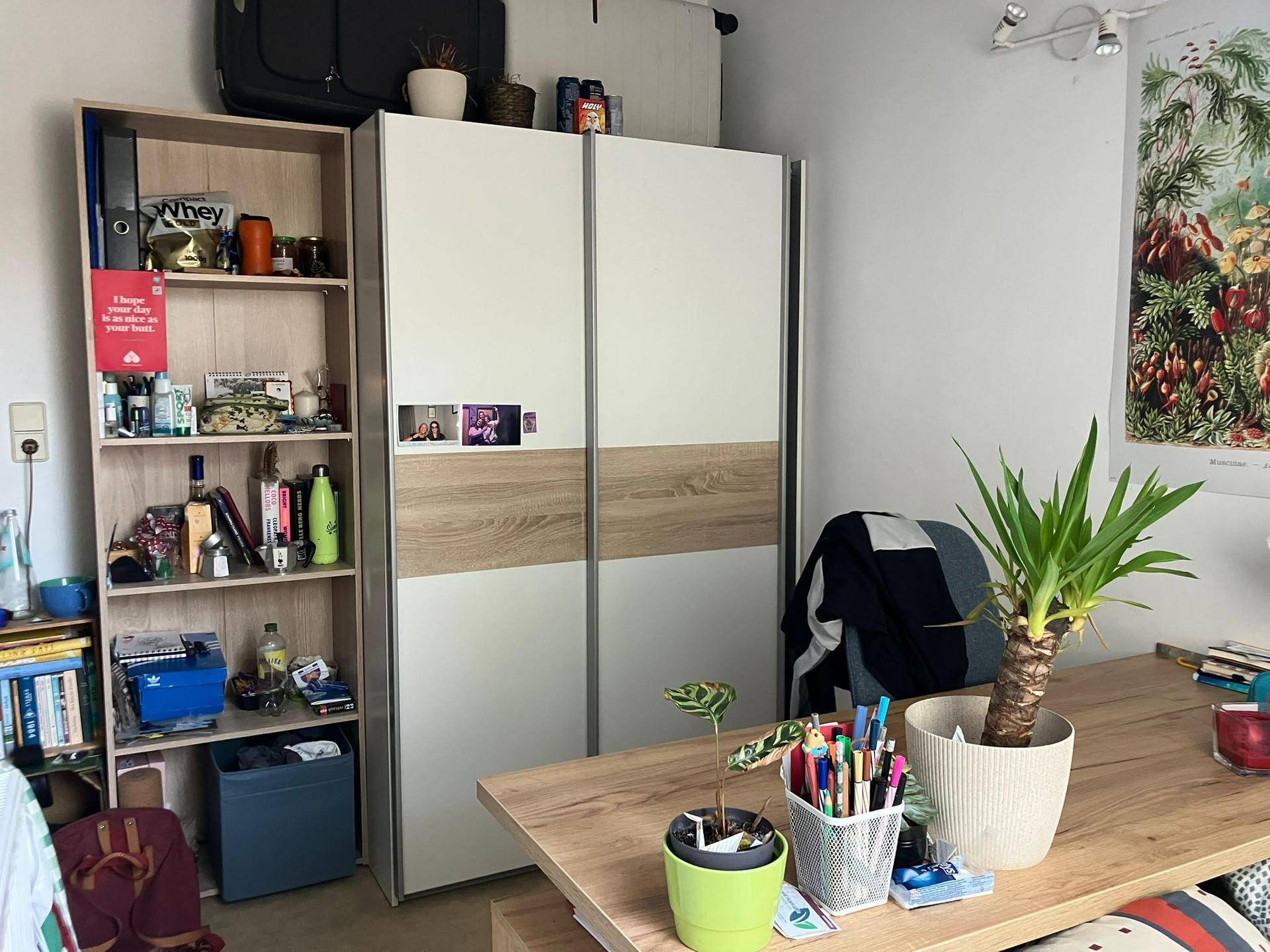 Funktionales Schlafzimmer mit Kleiderschrank, Bücherregal und Schreibtisch.