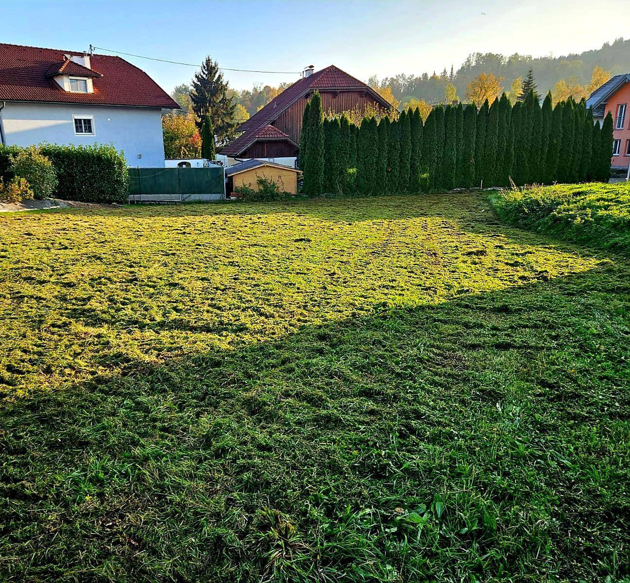Sonnige Rasenfläche mit hohen Hecken und Blick auf die bewaldeten Hügel im Hintergrund.