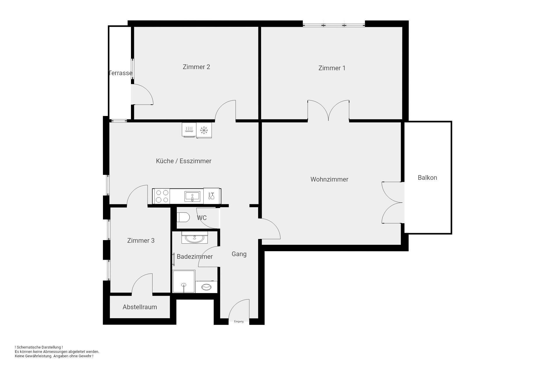 Übersichtlicher Grundriss mit drei Zimmern, offener Küche, Bad, separatem WC, Balkon und Terrasse.