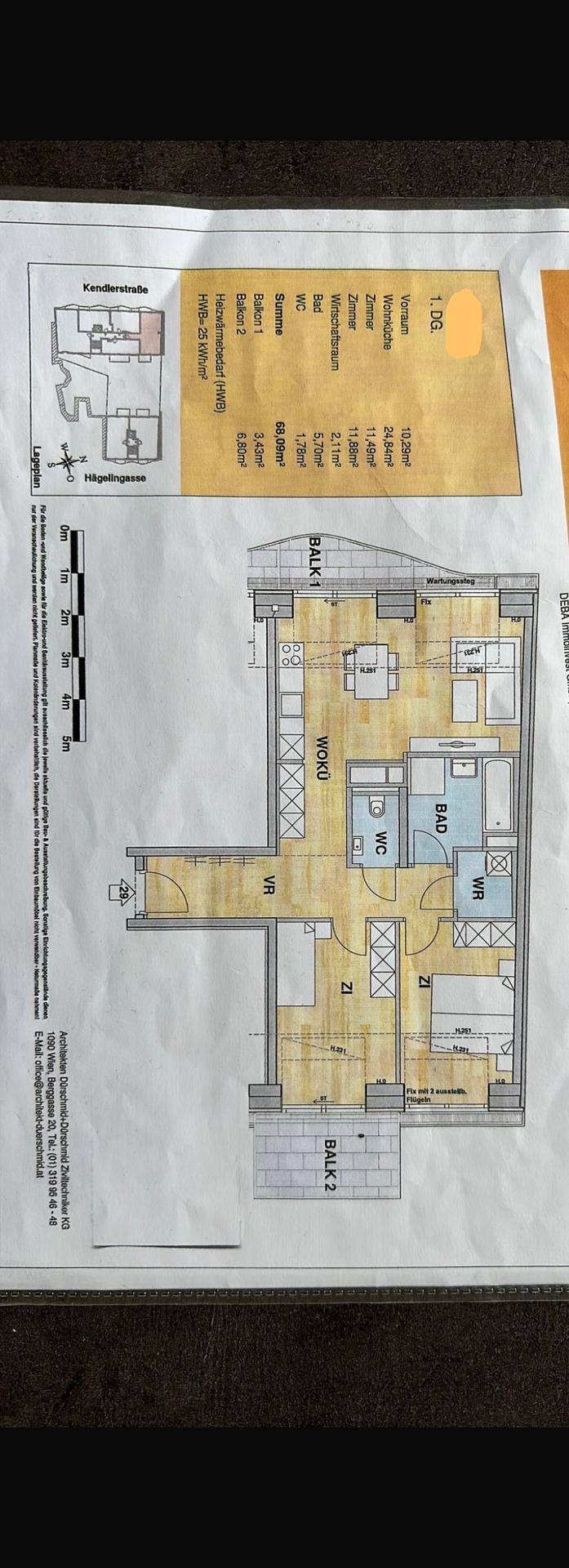 Detaillierter Grundriss einer Wohnung mit offenem Wohnbereich, einem Schlafzimmer, Bad, separatem WC und zwei Balkonen.