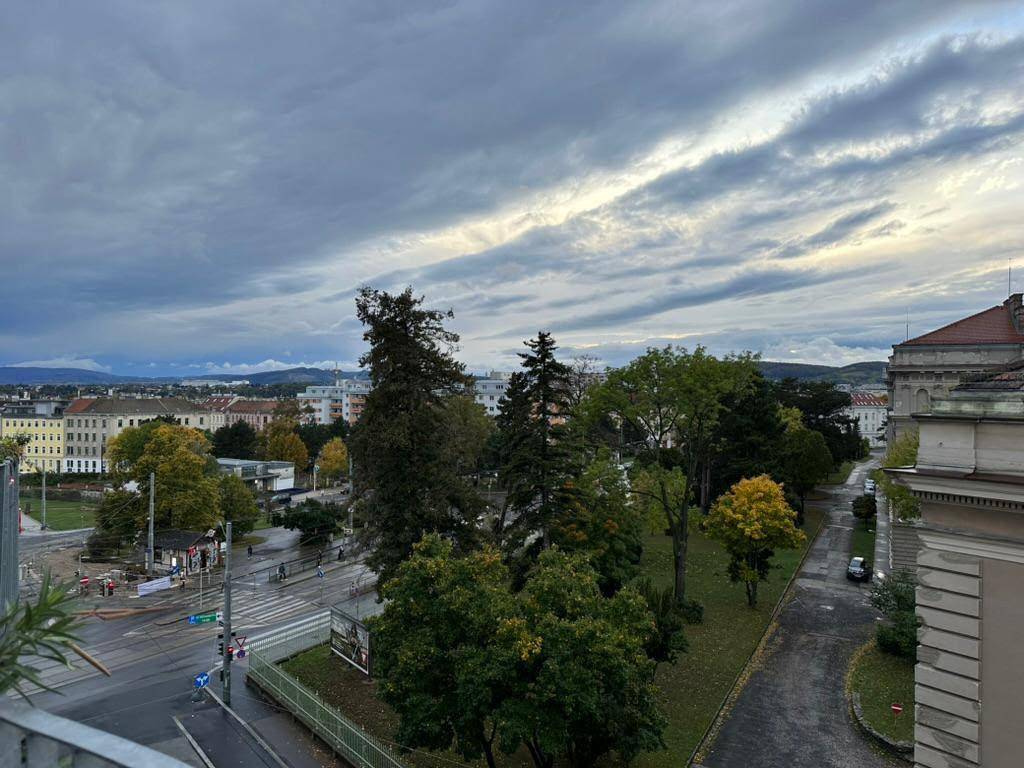 Weitläufiger Blick über die Stadt mit viel Grün und bewölktem Himmel, der die Landschaft umrahmt.