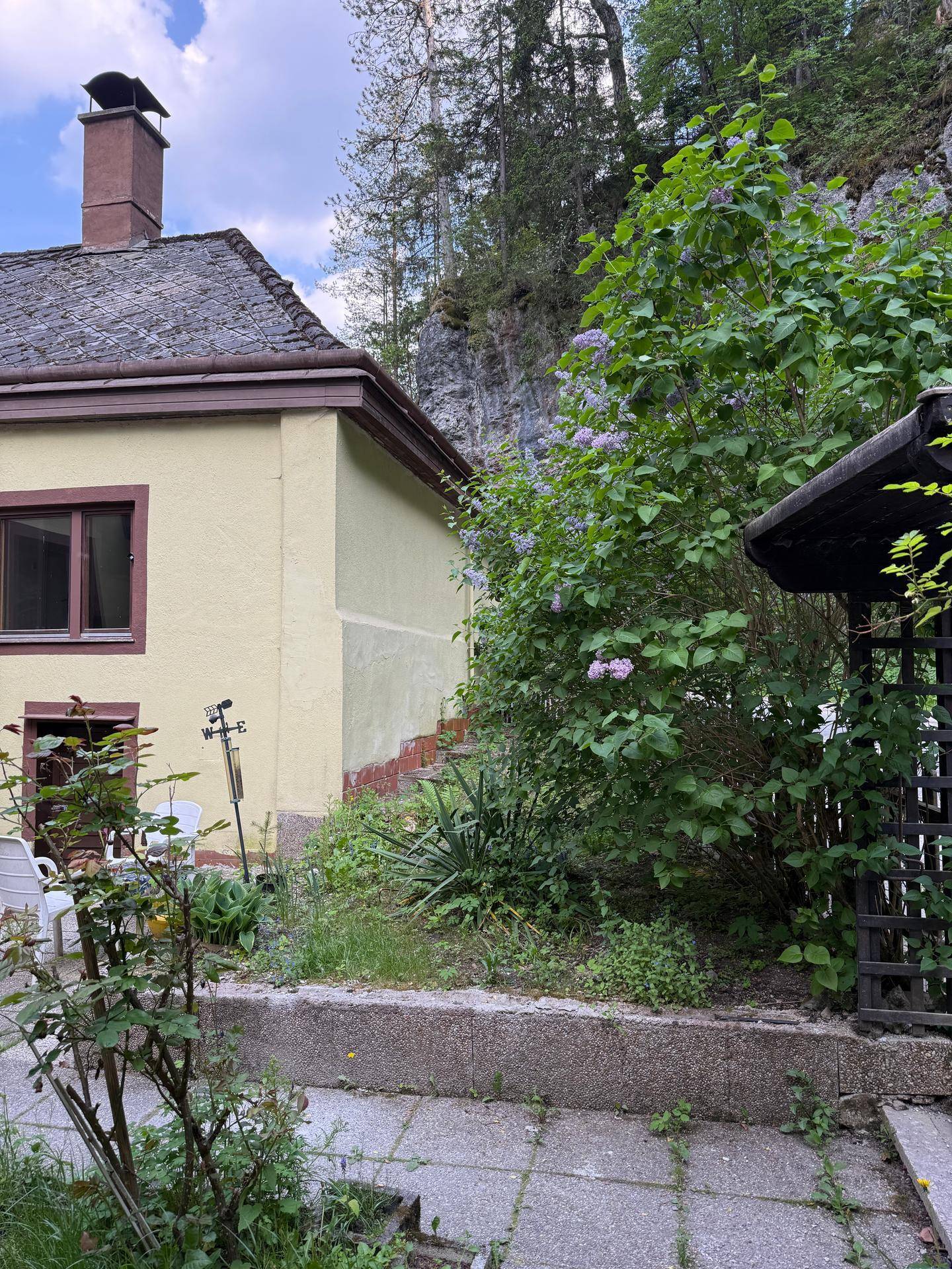 Seitenansicht des Hauses mit üppigem Grün, blühenden Büschen und einem kleinen Gartenbereich.