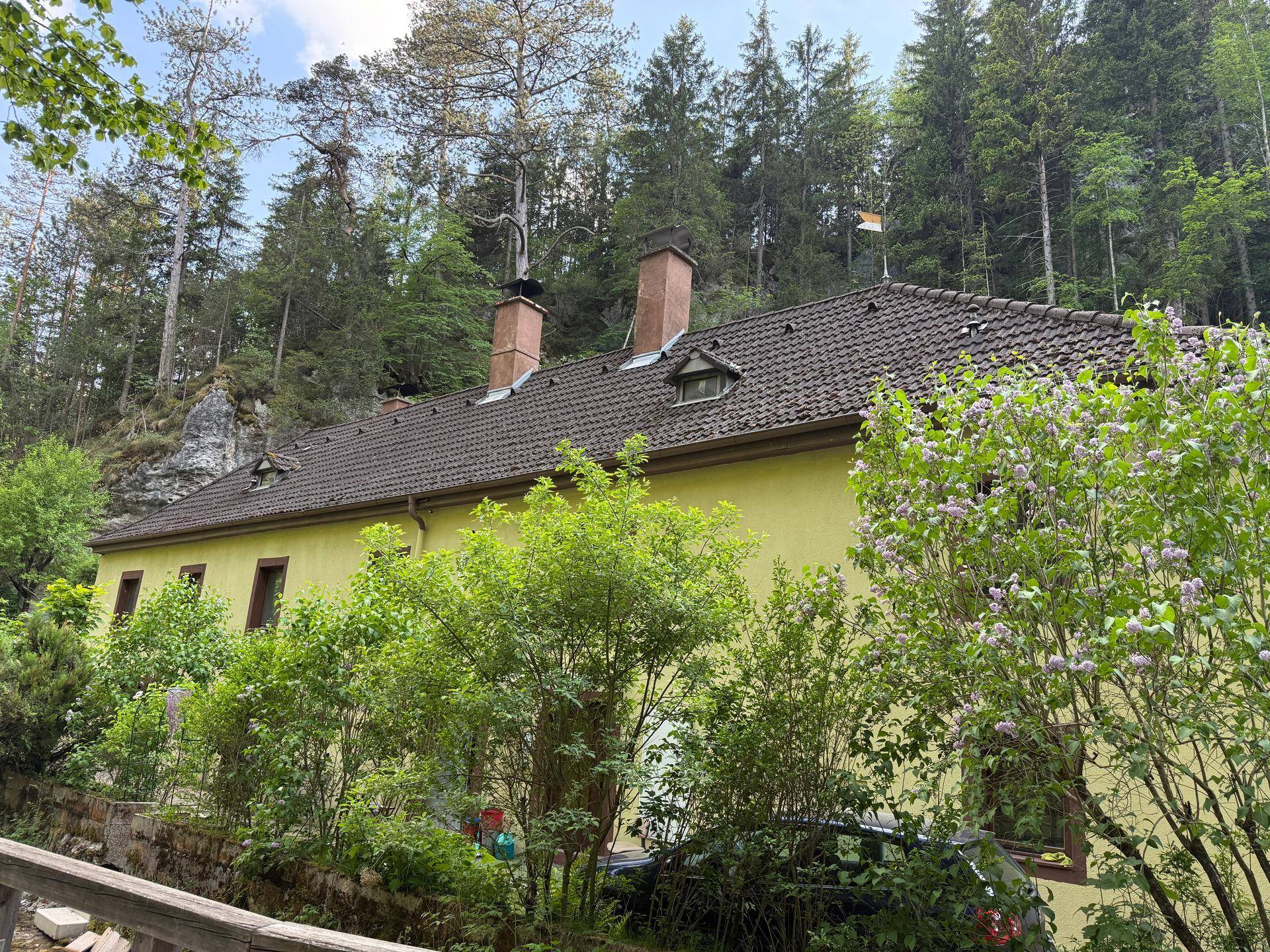 Seitenansicht des Hauses mit Dachziegeln, Schornsteinen und umgeben von dichtem Wald und Felsen.