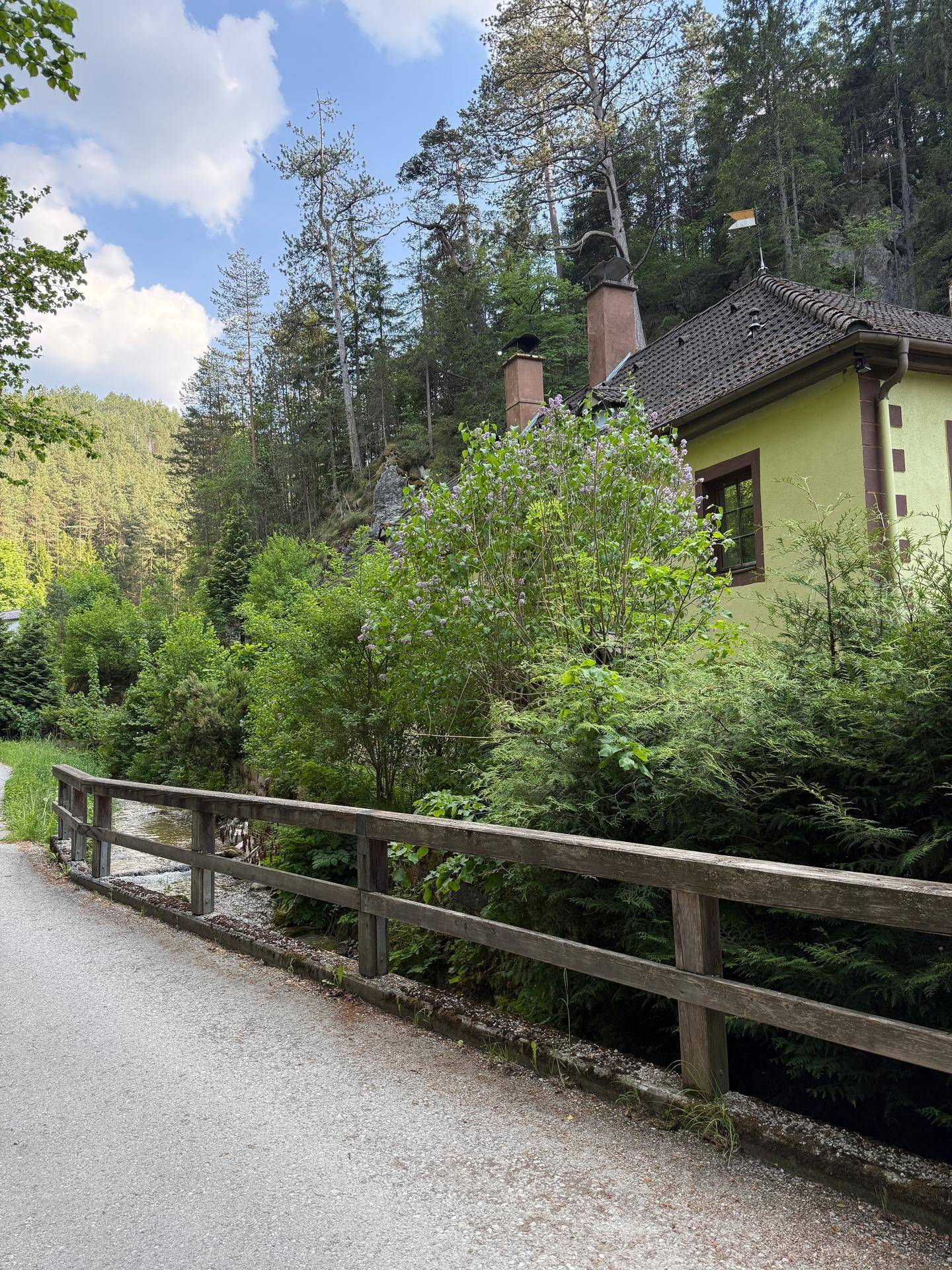 Seitenansicht des Hauses neben einem kleinen Bach und einer Holzbrücke, umgeben von Wald.