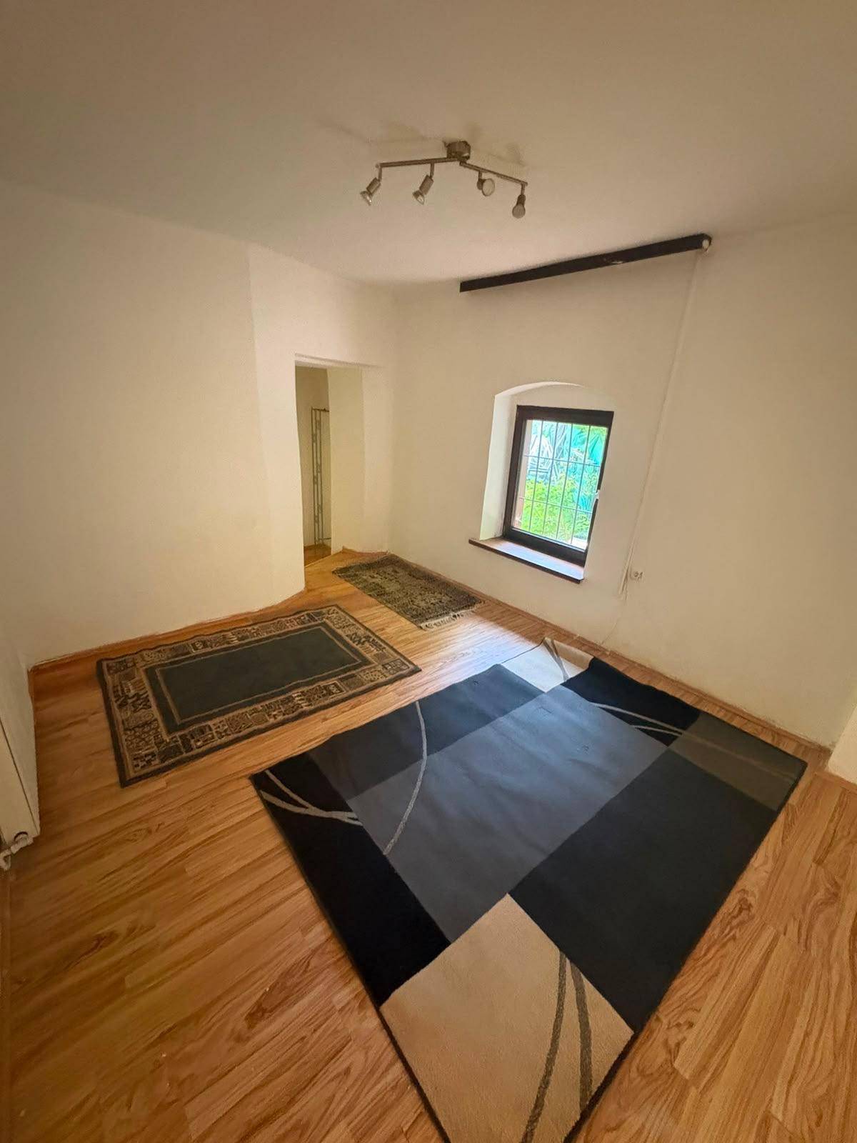 Geräumiges Zimmer mit Holzboden und modernen Teppichen, das viel natürliches Licht durch das Fenster erhält.