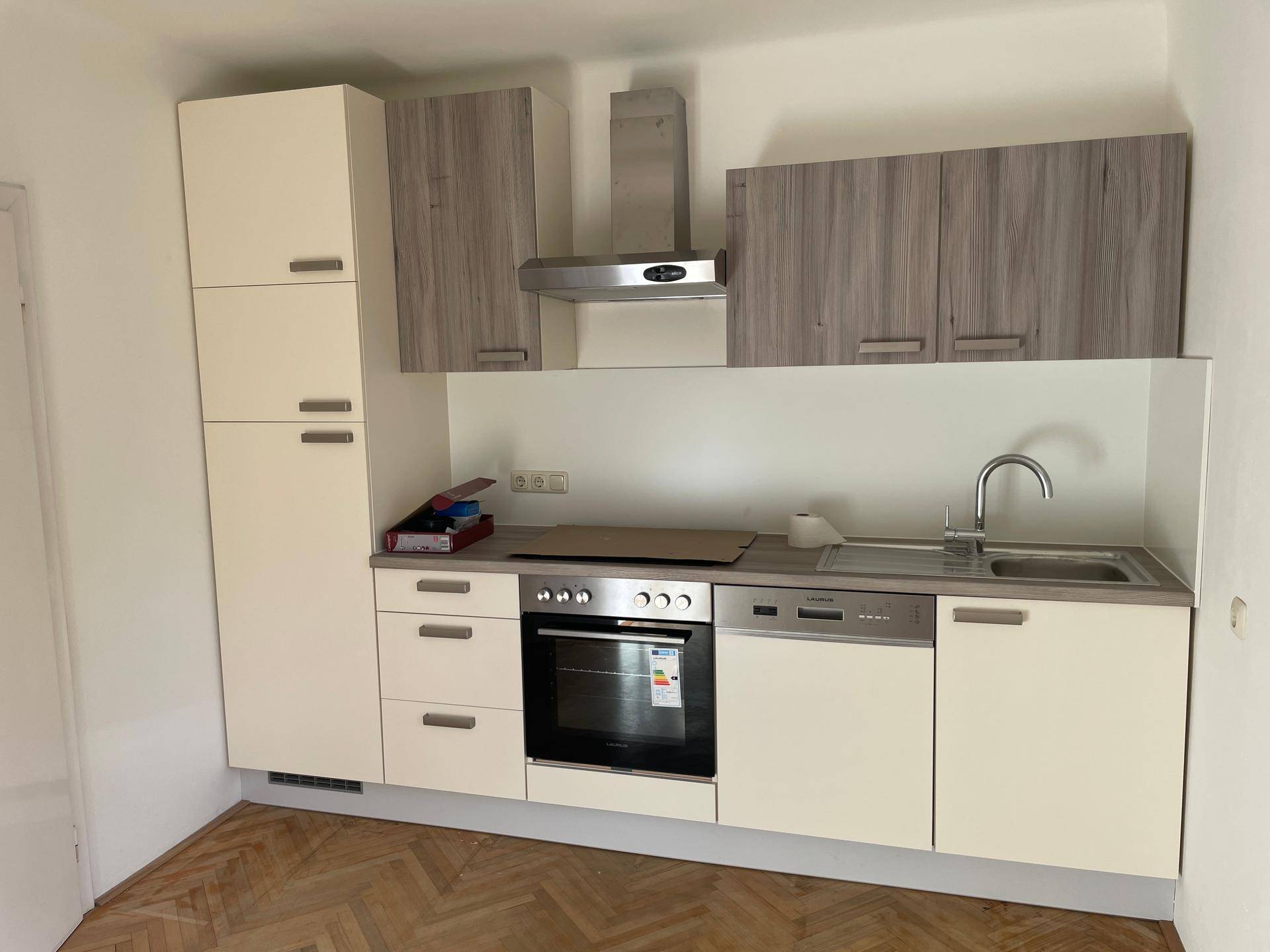Moderne Einbauküche mit hellen Fronten, Dunstabzugshaube und integrierten Geräten.
