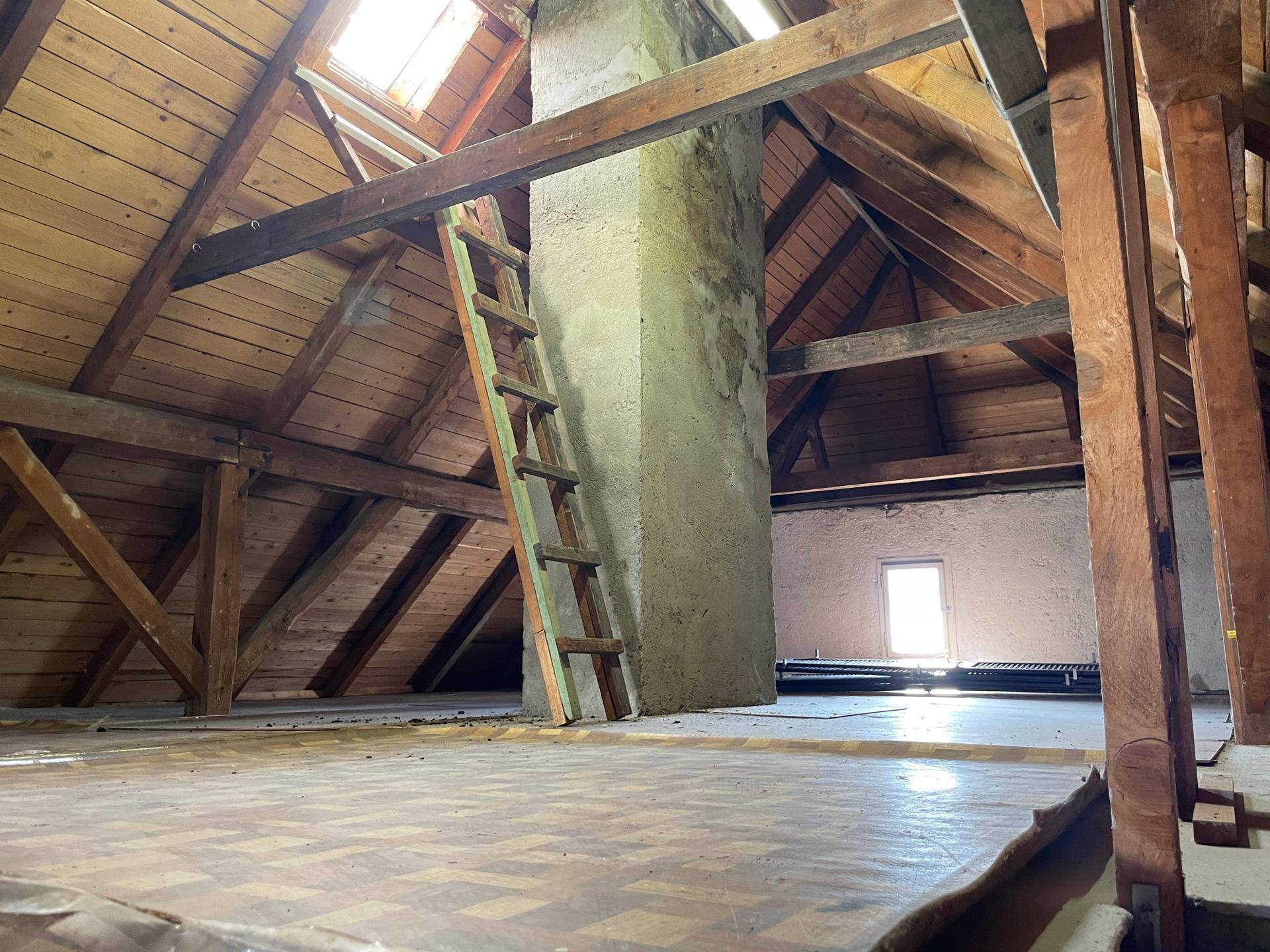 Geräumiger Dachboden mit sichtbaren Holzbalken und Dachfenstern.
